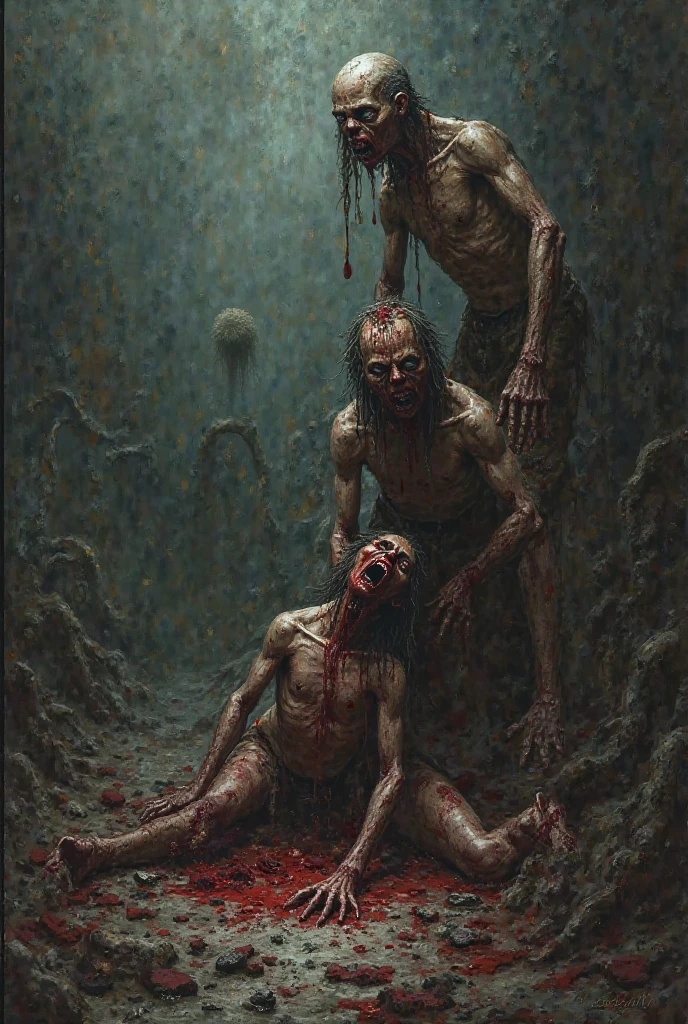a gruesome, dark, and intense scene, horrifying and shocking, blood-soaked, bones and flesh, cannibalistic feast, horrifying grimaces, cannibals devouring their prey, grotesque and disturbing, nightmarish ambiance, eerie shadows, sinister atmosphere, cannibals covered in blood, tearing apart the carcass, cannibals with wild eyes and savoring the taste, chilling screams, macabre banquet, cannibalistic rituals, raw and primal, savage and brutal, primal instincts, fear and terror, the line between predator and prey blurred, taboo and forbidden desires, the darkest depths of human nature