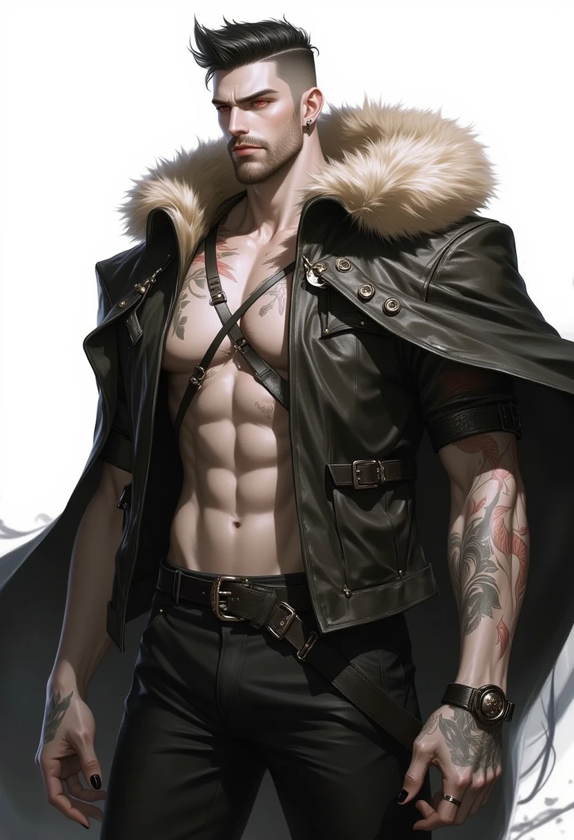 1 boy,work of art, best qualityer, very aesthetic, absurderes, dark-skinned, black mohawk hair, cross necklace, jacket with leopard fur on top, wearing no shirt, several metallic spikes on Sukuna's body ( JUJUTSU KAİSEN): A fierce man, I sign, curse bender with a serious look and a mischievous smile on his face