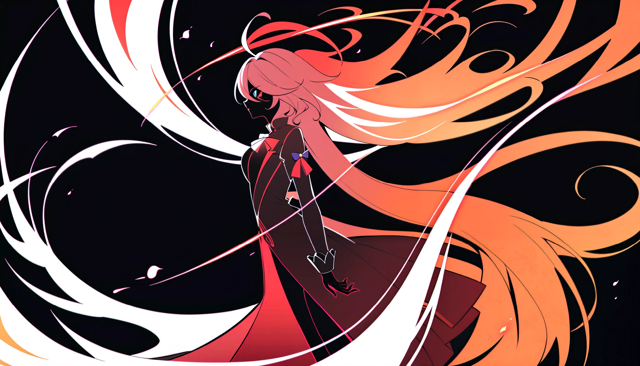 (Anime line drawing:1.5), (inverted colors:1.4), (negative space:1.6), minimalist, dark background, bright glowing lines. Furina from Genshin Impact, fierce yet graceful mask, flowing hair like rising flames. Surround her with delicate glowing lotus and fire sparks. Add feng shui Fire element: vivid red glow, orange and crimson accents, flame patterns, dynamic sharp lines, radiant energy. Elegant, powerful, high contrast, passionate and intense aura.