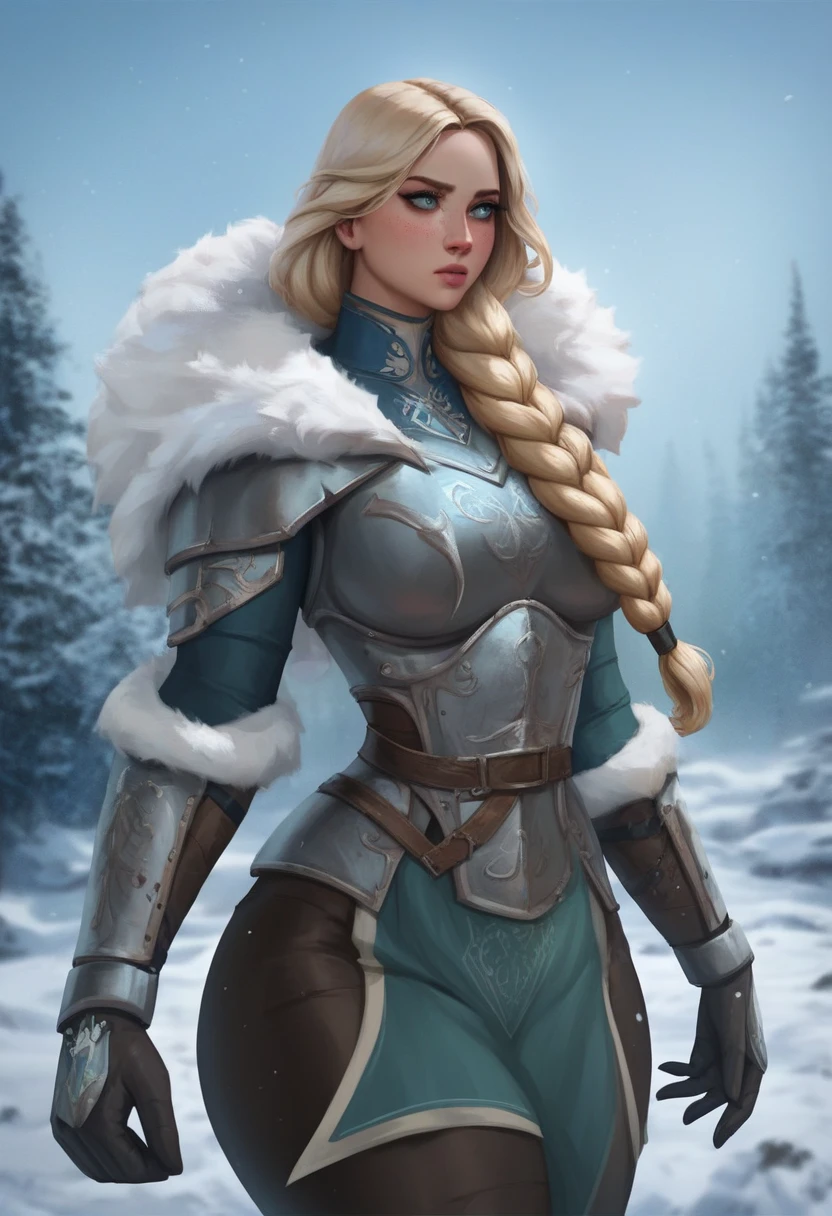 masterpiece, best quality, amazing quality, very aesthetic, absurdres, newest,
1girl, solo, long hair, long hair, platinum blonde hair, pale blue eyes, freckled face, stern expression, hunter, fantasy clothing, thick winter clothing, fur armor, Viking warrior, shieldmaiden, fantasy setting, pear body type, Warhammer fantasy, winter background, thick thighs, wide , narrow waist, voluptuous, curvaceous body, outdoors, winter, snow storm, fur cloak, single braid, realistic, <lora:Diablo_Style-IL:1> pk-diablo