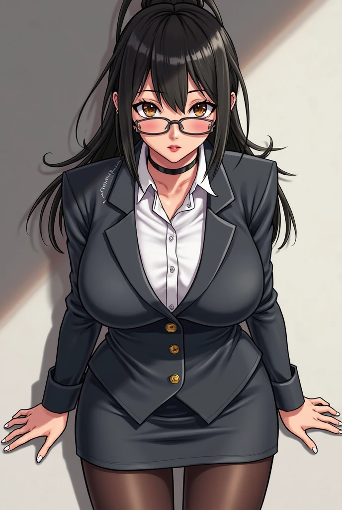 Create the image of a teacher made with anime art Make it a woman Put on a suit and glasses and more curves Put on long hair and a big bust