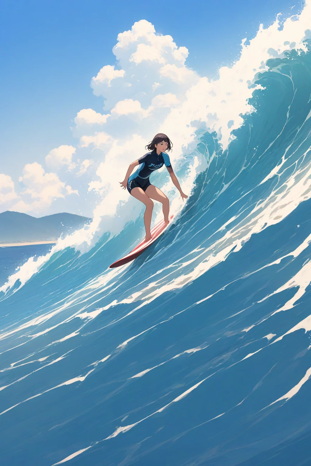 Female surfer riding a wave in the ocean early in the morning、(alone)、Beautiful Face、short hair、Sexy and colorful swimwear、surfing、 (Ride a surfboard:1.2)、breaking waves、Wave Splash、surfingの写真、Extreme Sports Photography、(Highest quality, masterpiece, High resolution)、8k、wallpaper、