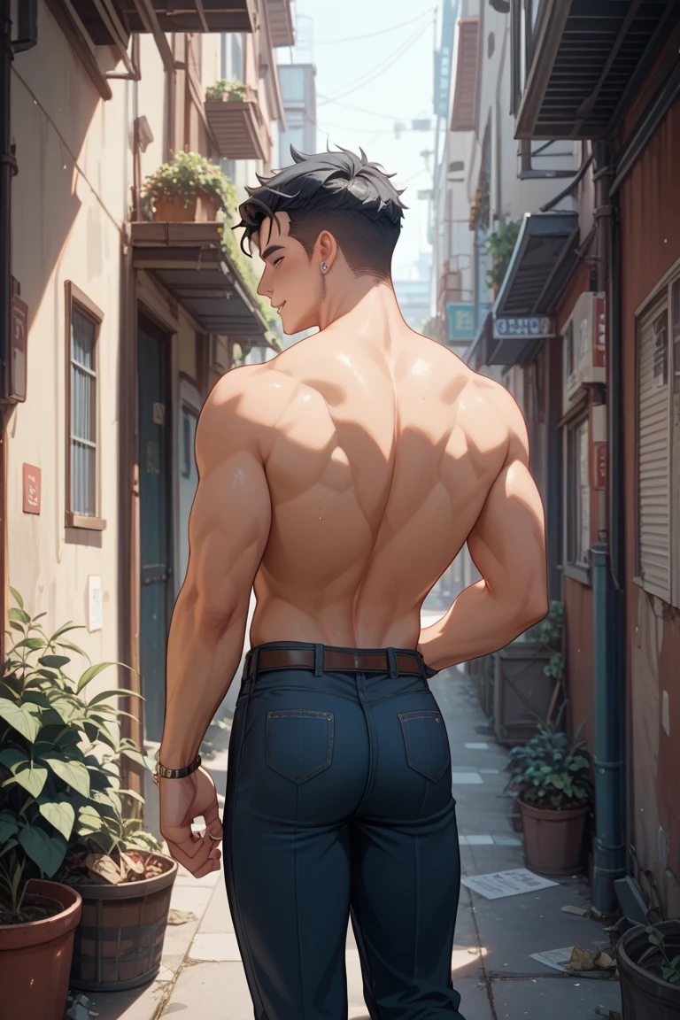 shirtless back bare chest dsnudo 15 years old male serious pensive wearing the same boy, piel oscura cabello azul largo y lacio no mira al espectador, Third Shot looks at the 15-year-old city looking out from the dreary city balcony, nunca mira ala camara. , Straight blue hair if shirt standing on a terrace looking at a strange city, tiene mirada triste,