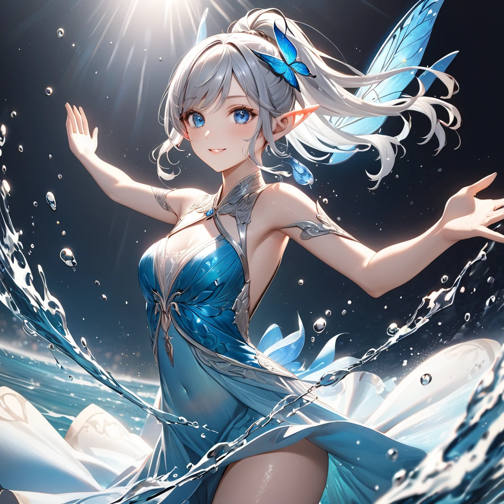 8K,Underwater,airbubble,The body of a mature woman,Ray traching,1girll,blue color eyes,long white hair,Flying blue butterflies,Sexy swimming costume,swimmning