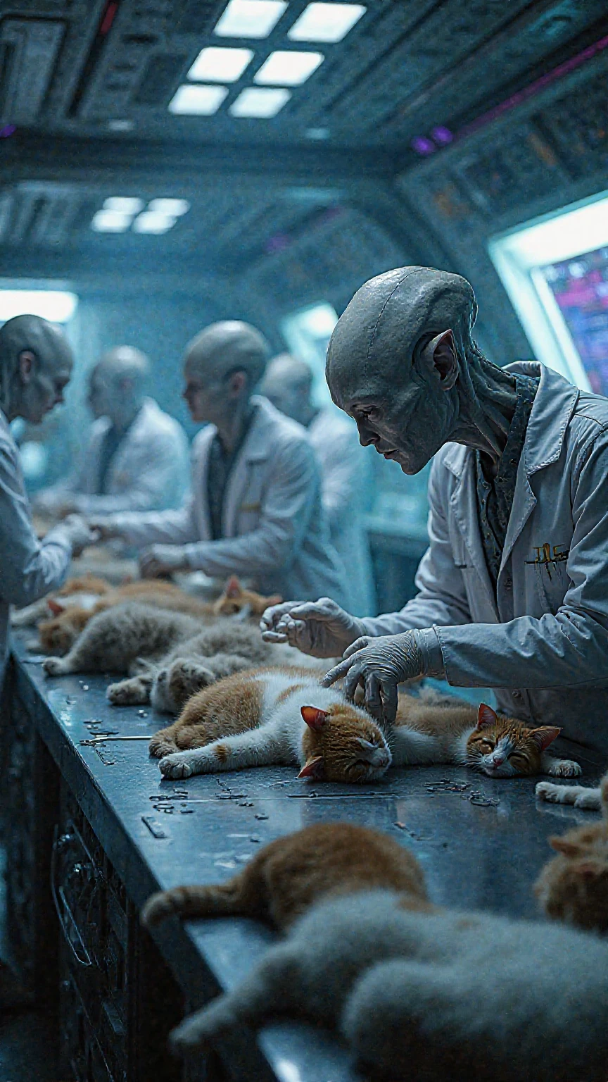 Hyper-realistic scene of dozens of cats inside a futuristic alien spaceship, restrained on sleek metallic tables under bright, cold lights. Realistic aliens with smooth gray skin, large black eyes, and slender bodies wear advanced scientific uniforms, complete with futuristic lab coats and gloves. They conduct experiments using high-tech instruments, analyzing the cats with glowing scanners and holographic displays. Some aliens observe monitors displaying feline vitals, while others carefully examine the restrained animals. The spaceship’s metallic interior glows with eerie blue and purple lights, with control panels flickering. The cats react in various ways—some struggle, others look dazed, while a few curiously paw at the strange devices. A tense mix of sci-fi mystery and unsettling experimentation.
