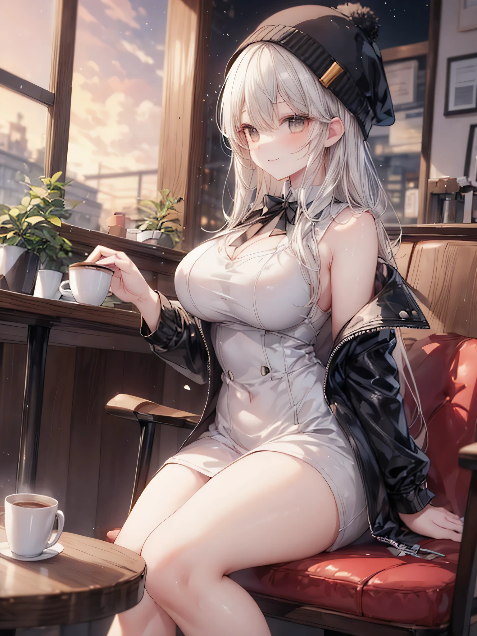 ((masterpiece, best quality)), (1girl), (solo), (female focus), (silver gray hair, long hair, straight hair, hime hair, straight bangs, blunt bangs), girl has deep dusty_rose coloured eyes, ((leather silver top), (silver leather skirt), (ash-coulored trench coat)),ideal quality, ideal Breasts,
Cloudy sunset street background
Street has historical 18th century Europe architecture
(((High detailed )))