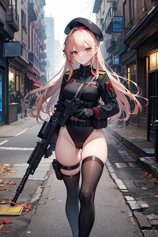 Best Quality, High resolution, Black beret, ((standing split)), stand,open legs,deadpan, ass forcus, Cameltoe
