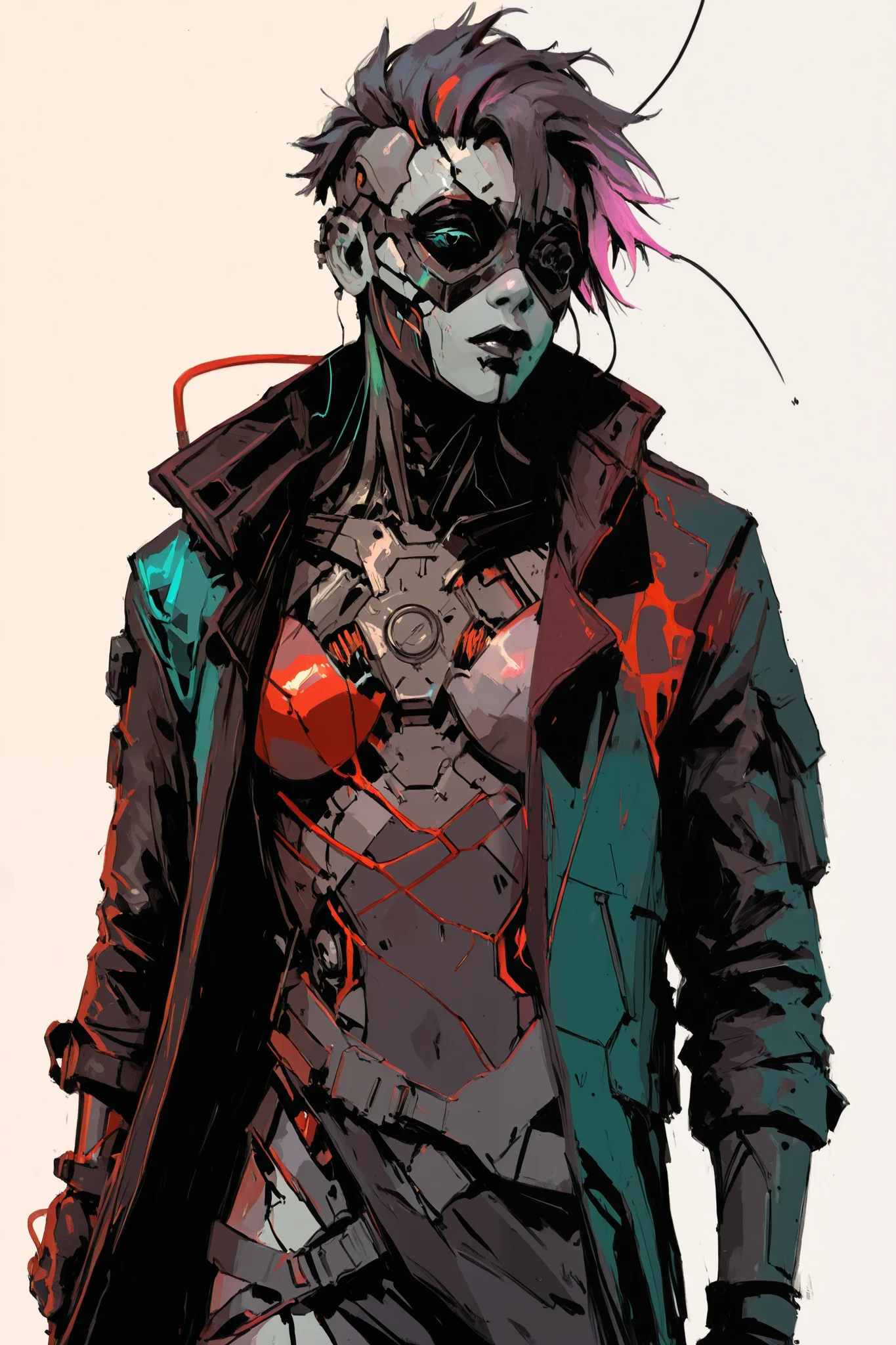 "Fragments of a Digital Dystopia" - Depicts the shattered remnants of a once-promised technological paradise, now overrun by chaos and decay. A dark gritty, neo gothic cyberpunk-inspired character design featuring gritty, gritty abstract pink and ink graphic art with apocalyptic and neon dystopian aesthetics. The characters wear layered, rugged clothing with futuristic and tactical elements, such as long coats, harnesses, and metallic accents. The color palette emphasizes bold contrasts with neon highlights (e.g., grunge cyan, Neon pinkorange, red noir) against darker tones like black and gray. Intricate details include exposed mechanical components, glowing cybernetic implants, and wires extending from their bodies. The art style is dynamic and sketch-like, with sharp lines and splashes of vivid colors creating a sense of chaos and intensity. Backgrounds are minimal or abstract, emphasizing the characters' striking designs,