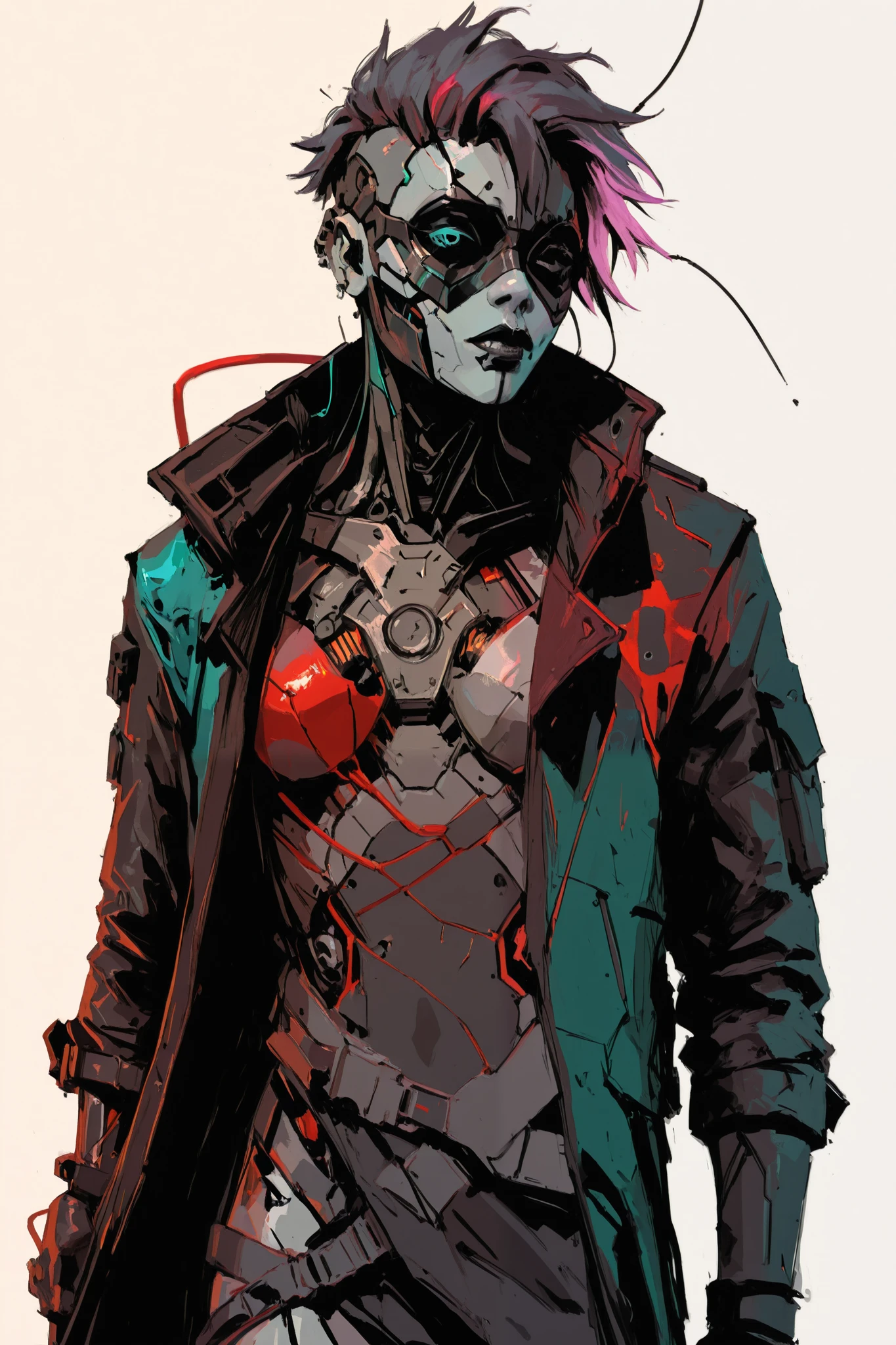 "Fragments of a Digital Dystopia" - Depicts the shattered remnants of a once-promised technological paradise, now overrun by chaos and decay. A dark gritty, neo gothic cyberpunk-inspired character design featuring gritty, gritty abstract pink and ink graphic art with apocalyptic and neon dystopian aesthetics. The characters wear layered, rugged clothing with futuristic and tactical elements, such as long coats, harnesses, and metallic accents. The color palette emphasizes bold contrasts with neon highlights (e.g., grunge cyan, Neon pinkorange, red noir) against darker tones like black and gray. Intricate details include exposed mechanical components, glowing cybernetic implants, and wires extending from their bodies. The art style is dynamic and sketch-like, with sharp lines and splashes of vivid colors creating a sense of chaos and intensity. Backgrounds are minimal or abstract, emphasizing the characters' striking designs,