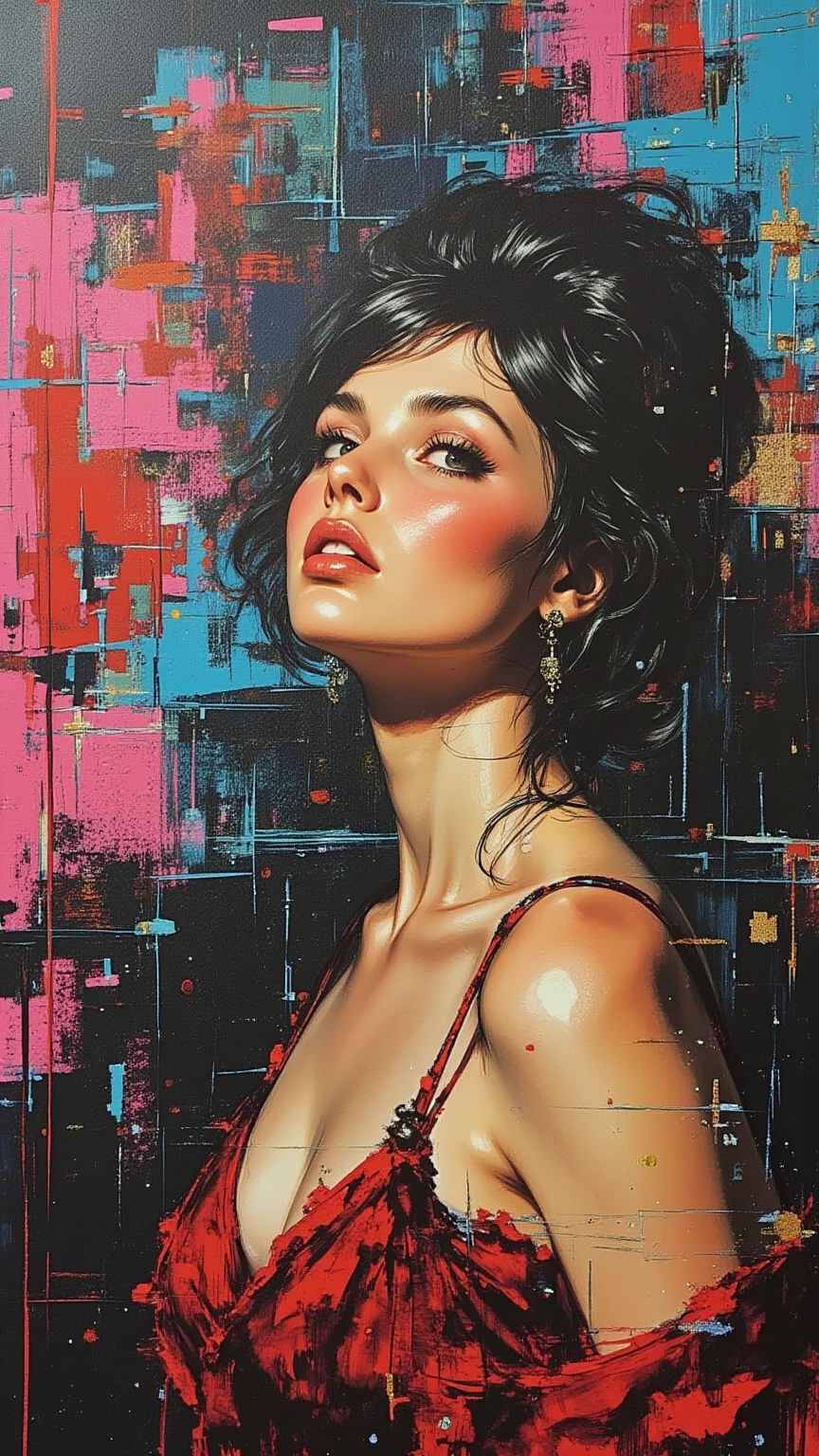 NSFW ((large breasts)) ((impressive cleavage)) epic realistic, redshift style Beautiful naughty/smile/shy/passionate angry; black hair, wavy bob haircut, dark blue eyes, muscular, young model, V++++ria J++++ce, 35 years old, curly black color hair, Gorgeous Gouache and Watercolor Painting by Alyssa Monks; by Gaston Bussière; by Ruan Jia; by Pino Daeni; Urban Dystopia; Hyper Realism; Nightlight; Art station; Concept Art; Smooth; Sharp Focus;, (Masterpiece:1. 3), (best quality:1. 3), , (natural skin texture, hyperrealism, soft light, muted colors), background, rutkowski, rim light
