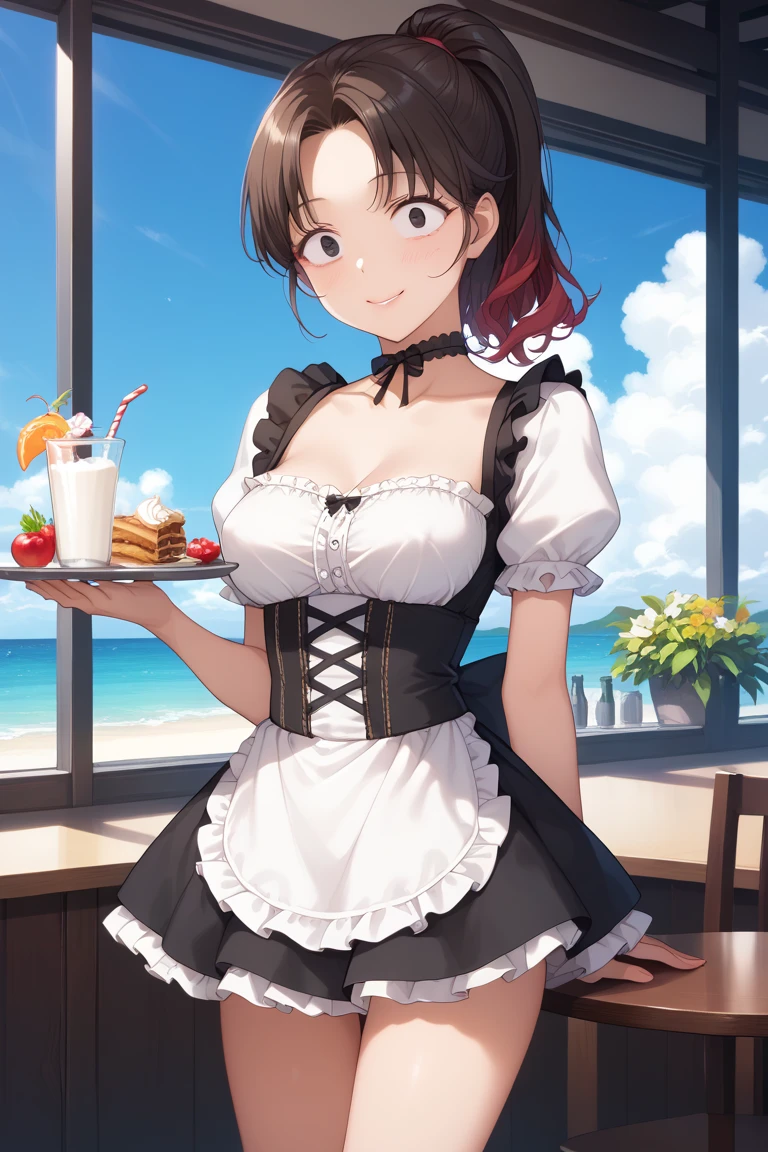 Soft cream, cute, Pitiful, Girl, short hair, Beach House, Swimwear, counter, Fast food clerk, Fast Food Worker, Misaka Mikoto, 1girl, black choker, uhd, retina, masterpiece, ccurate, anatomically correct, textured skin, super detail, high details, high quality, best quality, highres, 4K