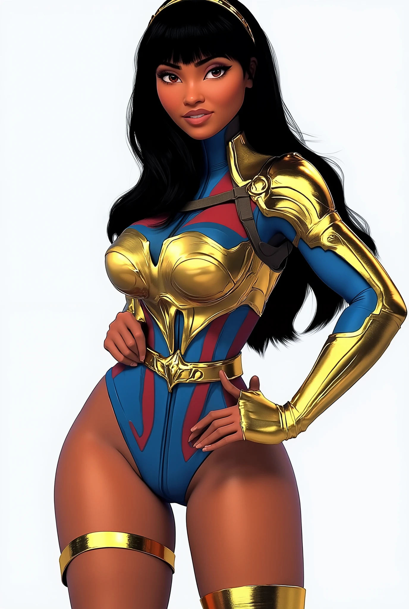 score_9, score_8_up, score_7_up, volumetric lighting, dynamic shading, 1girl, Yara Flor, dark skinned female, female is native Brazilian, blue leotard, knee high boots, amber eyes, tiara, tight clothing, golden chestplate armor, (cameltoe:.5),golden armband, golden pauldron, long black hair, blunt bangs, large breasts, skin indentation, eye , flouting, suggestive pose, professional lighting, ultra realistic, hands on hips, hands on waist, white background