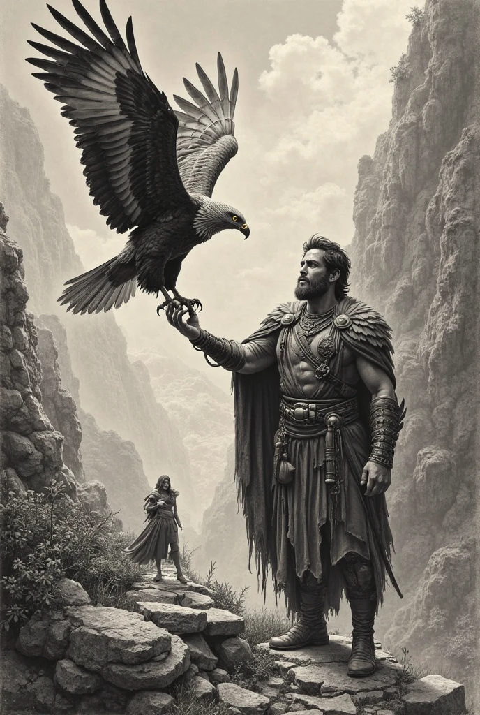 ultra-detailed, intense gaze, dramatic lighting, oil painting, vibrant colors, a man holding a bird(eagle) on his shoulder, in chains, detailed feathers, digital art, fantasy art, Prometheus, Greek god, fire god, fire