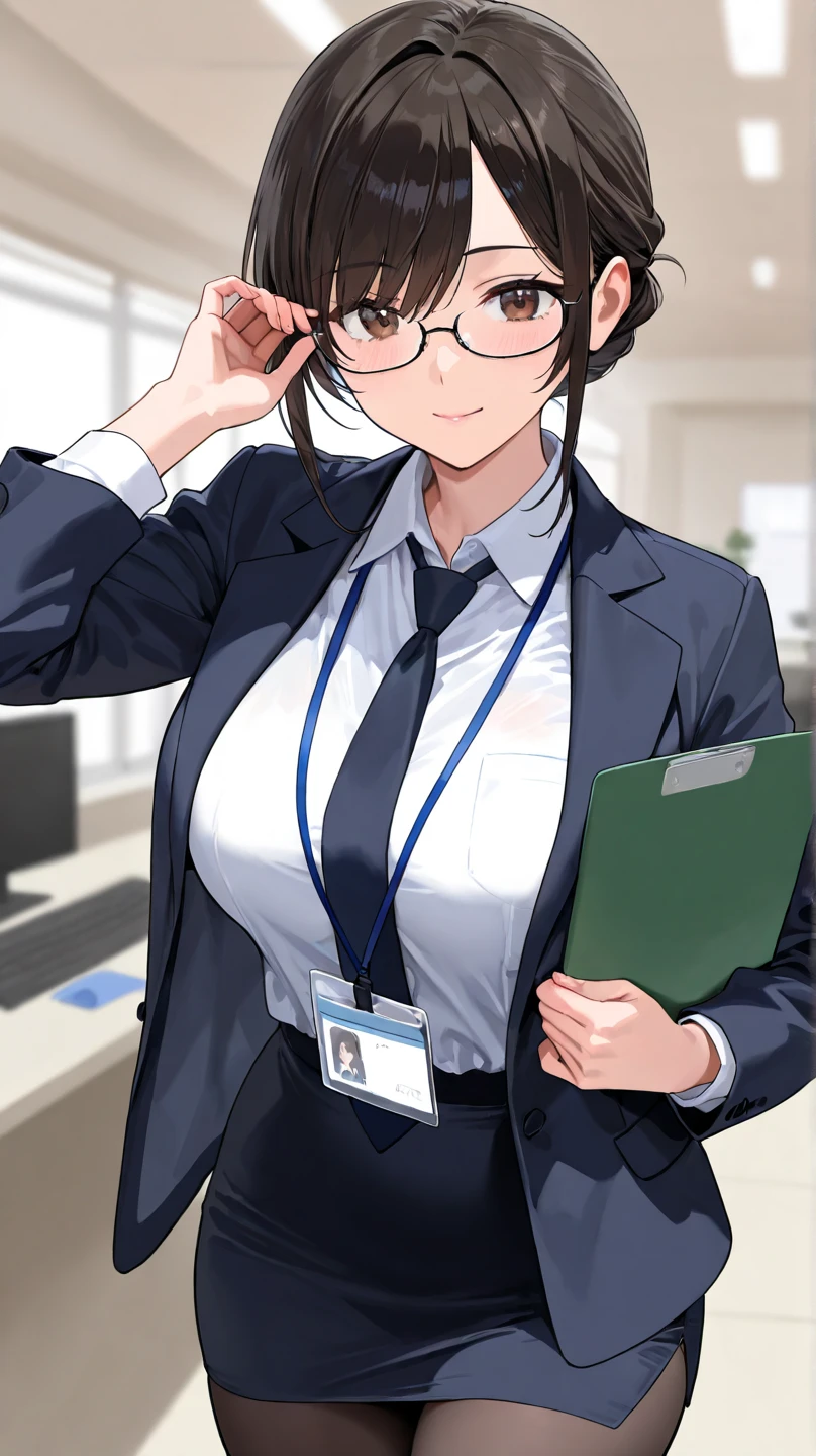 a girl nagatoro hayase standing in office, (modern office indoors), 1lady solo, (black medium hair) bangs, (suit jacket, pencil_skirt), (black pantyhorse), ((id card)), blush kind smile, (masterpiece best quality:1.2), delicate illustrations, high resolution, super detail, huge breasts