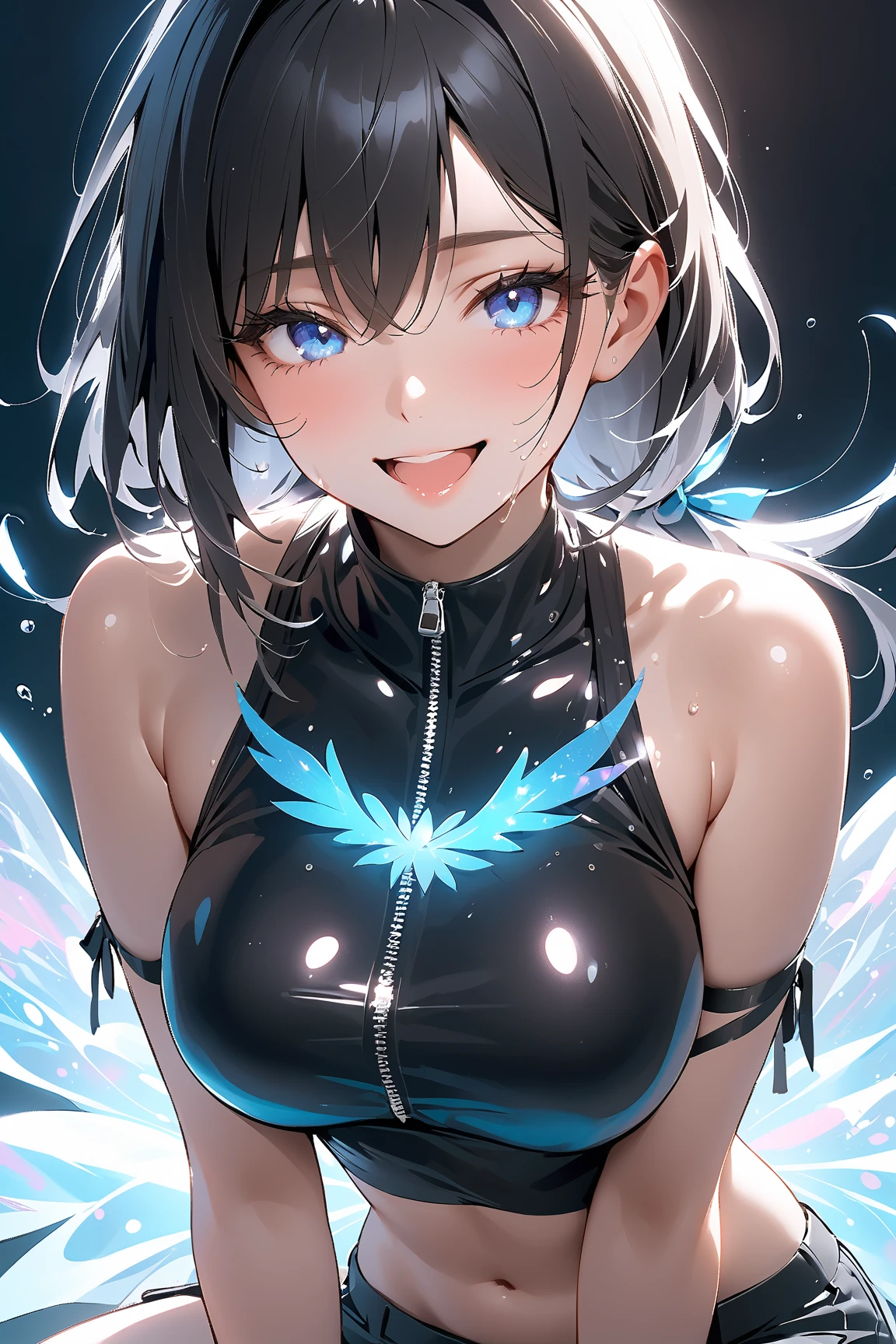 (cute, kawaii:1.2), beautiful person, dynamic angle,
top knot hair, black hair, ice blue eye,
(GIGANTIC HUGE BREAST:0.6),
simple background, white background,