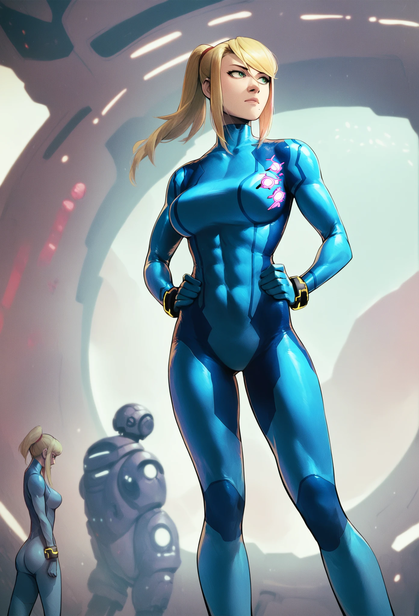 (Muscular:1.7),
blonde female, (samus), blunt bangs, ponytail,
lipstick, eyeshadow,
(small breasts),
(full body suit, blue bodysuit:1.6),
looking at viewer, (three quarter view:1.5), (upper body view:2),
rim lighting, two tone lighting, dim lighting, bokeh, detailed skin, detailed eyes