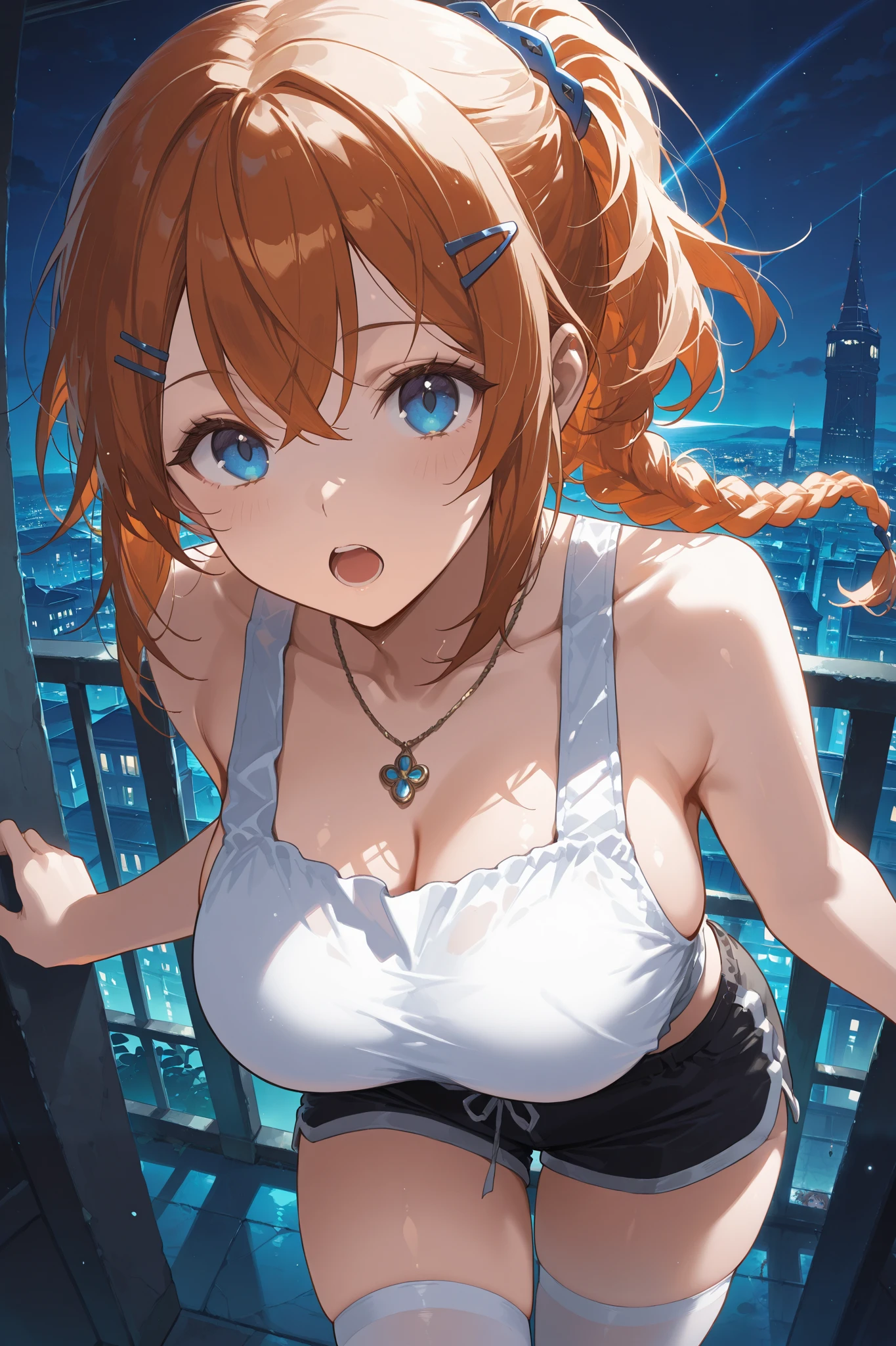 (((masterpiece))), ((highest quality)), (Very detailed), ((High resolution)), ((8k)), (Anatomically correct), One Woman, Big Breasts, Chestnut Hair, Bun hair, Long Hair, Twin tails, Very cute woman, delicate, Charming smile, Blue eyes, Bright Eyes, Best moment, Vivid eyes, cute, Beautiful Skin, cute顔, delicateな腕, Detailed skin texture, Intricate details, Very detailedな顔, Beautiful Eyes, Beautiful curves, Night cityscape, Sweat, Looking up, Denim shorts, Sweetheart Neck, Belly button exposed, Embarrassed face, 