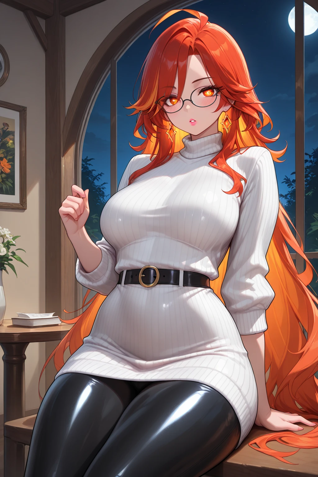 masterpiece、top-quality、Movie stills、1 female、Orange hair、Colossal 、Huge ass、Fitting black leggings suit、yellow eyes、thick thighs、Long wavy hair、wide hips、Thigh muscles、Strong thighs、White hoodie 、(Spark:0.7)、eye glass