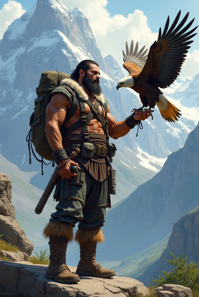 (professional 3d render:1.3) af (Realistic:1.3) most beautiful artwork photo in the world，Features soft and shiny male heroes, ((Epic hero fantasy muscle man rough wet hero angry looking long hair short beard and ferocious expression in dynamic pose, Fantastic location, Majestic cluttered environment)), Full body 8K unified rendering, action  shot, skin pore, very dark lighting, heavyshading, Detailed, Detailed face, (vibrant, photograph realistic, Realistic, Dramatic, Dark, Sharp focus, 8K), (Old leather garments damaged by weathering:1.4), ((((Wear fur)))), (Intricate:1.4), decadent, (Highly detailed:1.4), Digital painting, rendering by octane, art  stations, concept-art, smooth, Sharp focus, illustration, Art germ, (loish:0.23), wlop ilya kuvshinov, and greg rutkowski and alphonse mucha gracias, (Global illumination, Studio light, volumettic light), heavy rain, and white desset eagle landing on his left hands particles floating, lotr, fantasy, elf, full bodyesbian, (green and beautiful landscape