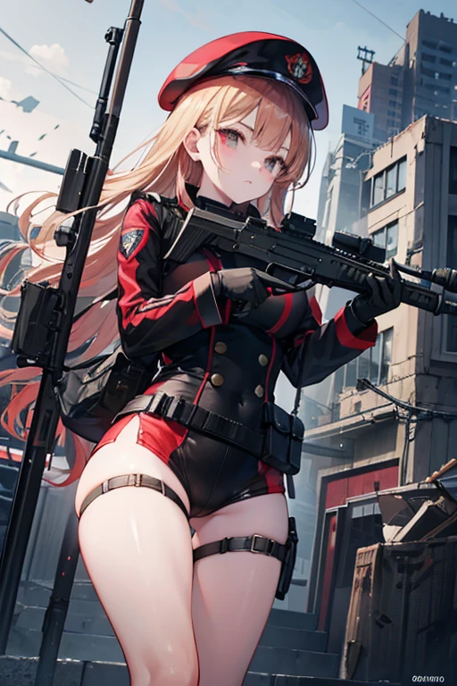 Japanese anime style. woman. she is an army soldier. she squats mini skirt. Equip the machine gun. Spread your legs. from below. --auto --s2