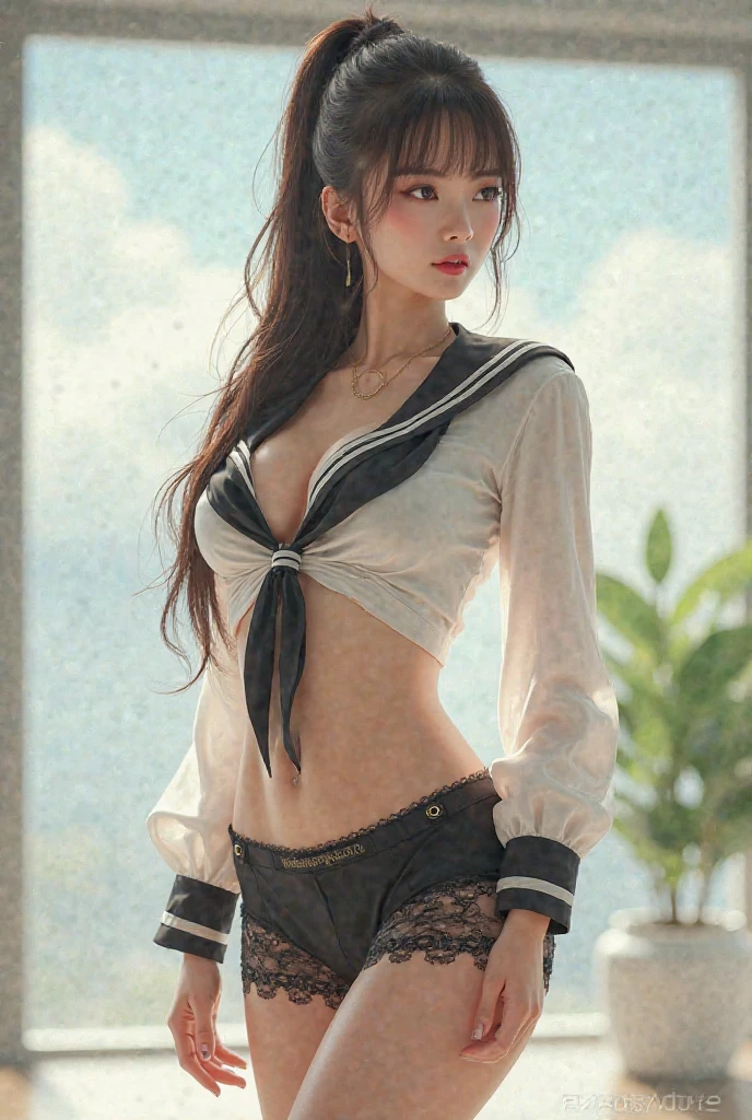 ((((Highest quality))))、(((Ultra-precision CG16K wallpaper)))、(((masterpiece)))、(((Super detailed)))、(((Extreme detail)))、((1Mature 2 woman:1.6))、((Very beautiful Japan face of a person))、((Urizane Face:1.8))、((medium soft wavy hair))、(Shiny Hair)、A delicately drawn beautiful face、(Dark Eyes、Reflected light from the eye)、double eyelid、High nose、Small nostrils、Small Mouth、Seductive lips、Beautiful breasts、((C cup size breasts))、Cleavage、A small vertical belly button、Delicate nails、Beautiful feet、Thin thighs、eight-headed body、Perfect proportions、Perfect Anatomy、Perfect composition、Beautiful detailed shading、Beautiful, natural lighting、Beautiful detail glow、Depth of written boundary、(((High chroma)))、(((Real:1.9)))、((vivid:1.5))、((Beautiful Skin))、((Skin Texture))、((Realistic skin feel))、(((Cowboy Shot:1.6)))、(((front view、shoot from front、front low angle:1.6)))、(((Half-open mouth、Surprised face:1.5)))、(((looking at camera:1.6)))、Bright daylight、Natural light、(((background_Uninhabited downtown、street tree:1.5)))、(Standing pose:1.6)、(((High school girl sailor suit&Light purple low rise pleated mini skirt:1.6)))、((necklace、Wearing earrings:1.5))、((Lace Stockings Clothed))、