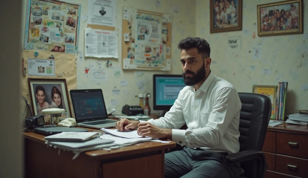 Sad Sardar wearing formal attire and looking at laptop