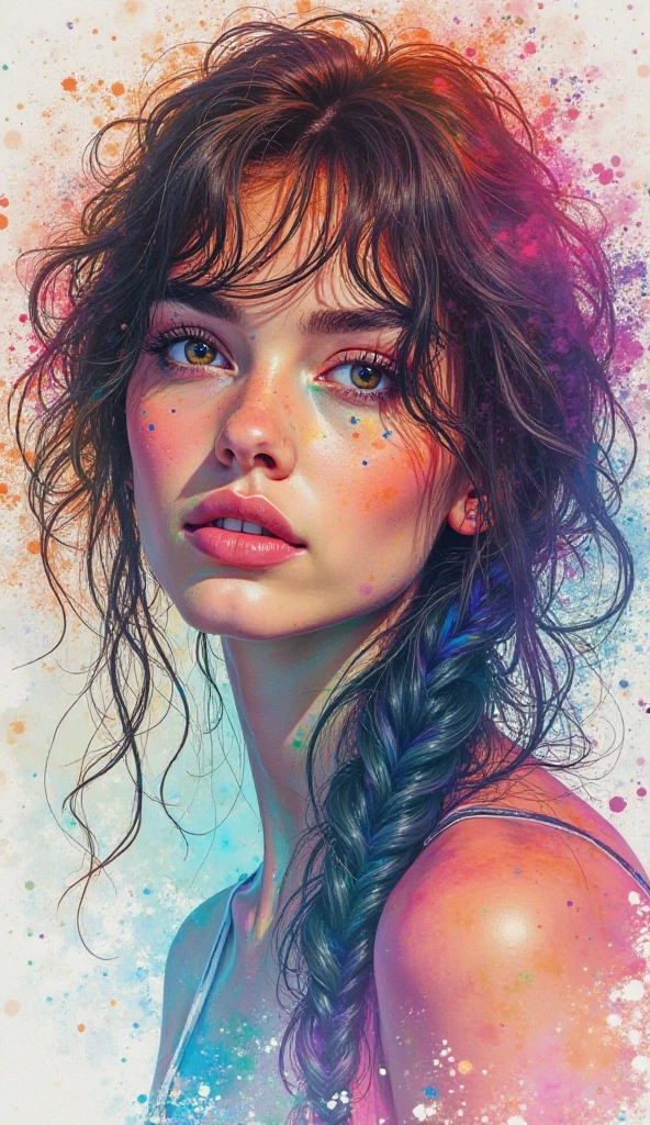 (8k, best quality, masterpiece:1.2),(best quality:1.0), (ultra highres:1.0), watercolor, a beautiful woman, shoulder, hair ribbons, by agnes cecile, half body portrait, extremely luminous bright design, pastel colors, (ink:1.3), autumn lights