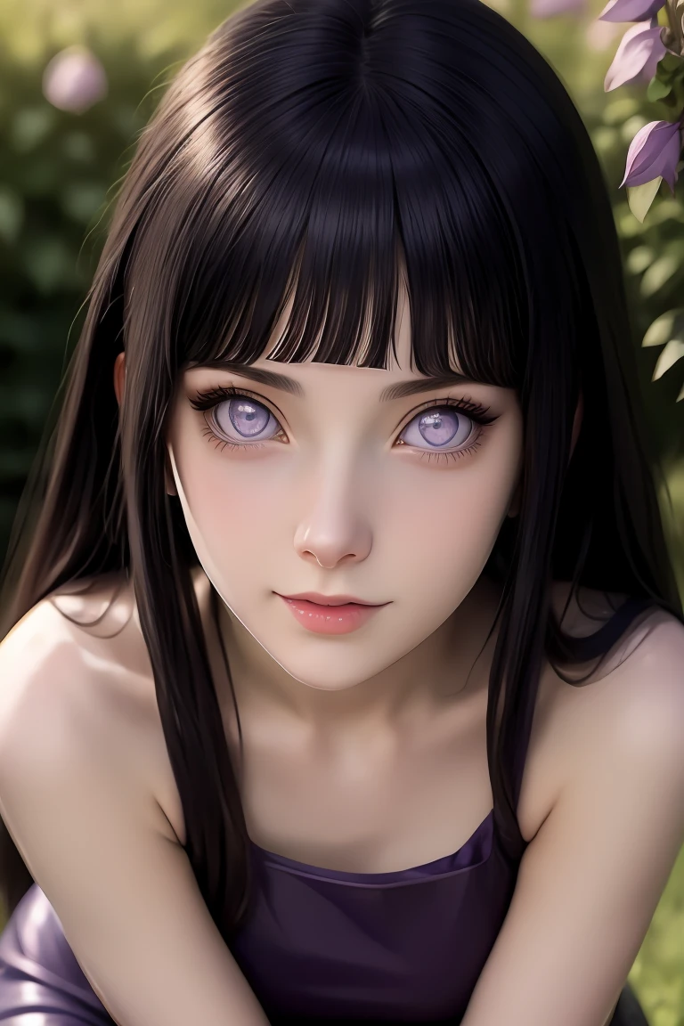 a close up of a woman with a soft purple shirt, E cup breast, blush cheek, glowing skin, texture skin, white eyes, long black hair, hinata hyuga from naruto, hyper realistic anime, hinata hyuga, realistic anime 3 d style, anime girl in real life , 3 d anime realist, photorealistic anime, japanese goddess, hyper detail, 8K resolution