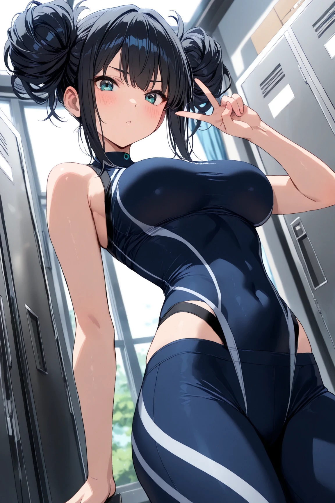 Perfect, masterpiece, (best quality, highres:1.2), 1girl, beautiful detailed eyes, beautiful detailed lips, extremely detailed eyes and face, long eyelashes, medium:oil painting, vivid colors, HDR, studio lighting, ultra-fine painting, sharp focus, physically-based rendering, extreme detail description, portraits, curvy body, big breasts, perfect shape, facing viewer, sweaty, gorgeous, arms up, sleeveless turtleneck, straddling, smiling