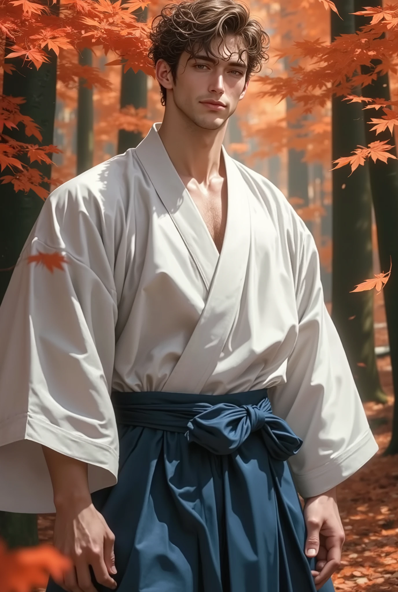29-year-old man who looks young, measures 1 . 80 meters high , I bet that Kendo (kimono blanco sólido en la parte superior y una larga skirt maxi azul marino de cintura alta (skirt, Also) with obi:1.4), sweat, sparkling sweat, shake, (short and very curly brown hair:1.2), ojos verde esmeralda, Short brown beard , a red string like a belt, is in a beautiful forest in autumn with red leaves, orange and gold floating in the air, piel blanca, shy smile, 8K quality.