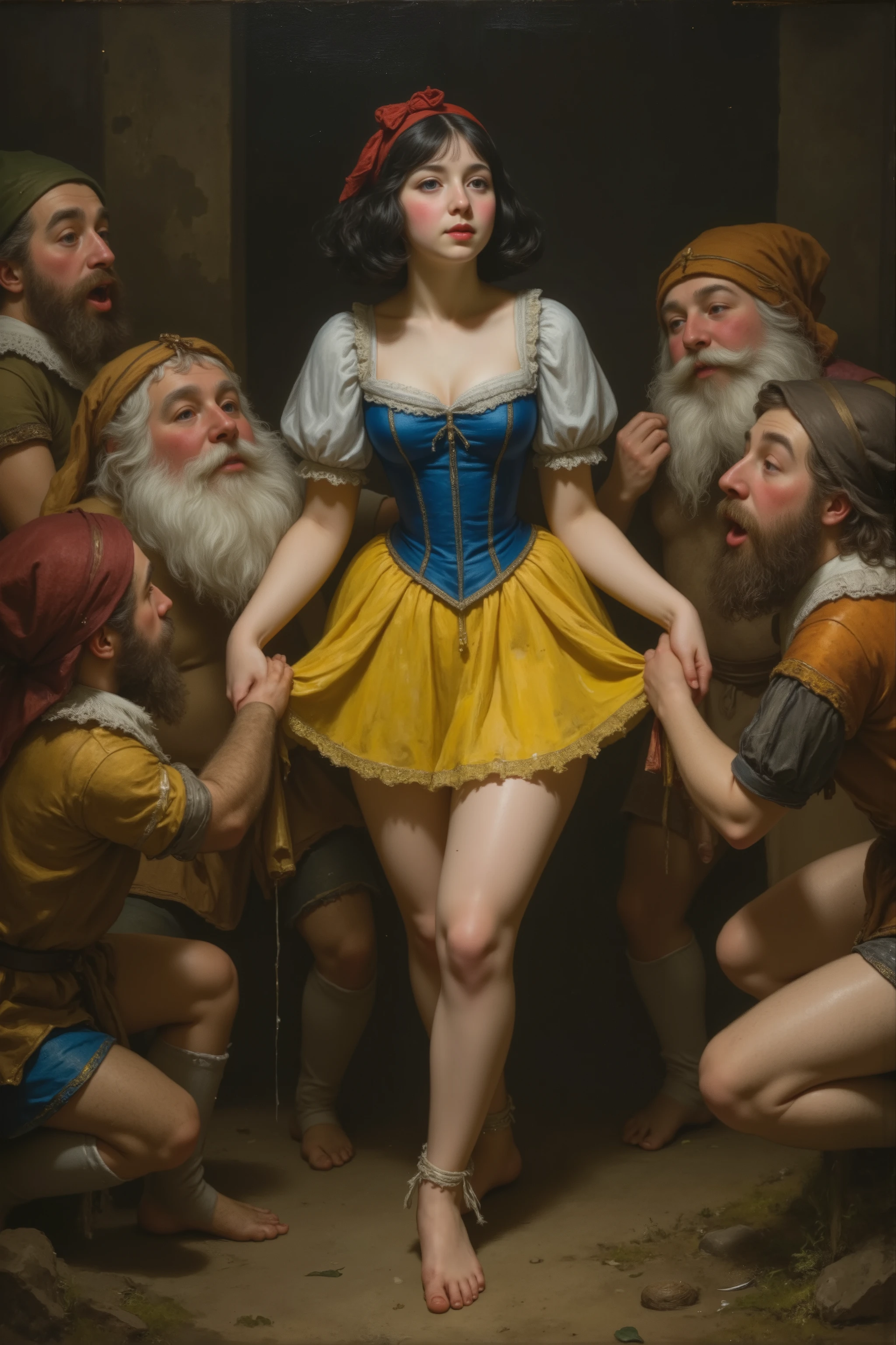 ((NSFW)),
rmbt,
18th century,
1girl, 7guys,
young Snow White, Snow White being gang-raped by the seven dwarfs,
Everyone says that Snow White is promiscuous,
she is Short bob black hair with red head ribbon,
she is snow white skin,
she wearing blue bodice and yellow mini skirt,
Her dress is worn and dirty,
She lets men show her ,
She opens her bodice to show the men her breasts,
The men laugh as they watch Snow White open her bodice,
Snow White was auctioned off as a cheap sex slave, the skirt is cut short, The front of the bodice is slashed vertically, exposing her nipples and nave, The upper body is naked, show nipples, Snow White has become so lewd that she will have sex with anyone, Snow White opens her legs wide and accepts the penises of the dwarves one after another into her vagina, Snow White's clothes are in disarray and torn, The seven dwarfs are very lustful and rape Snow White many times, The cave deep in the forest is the home of the seven dwarfs and Snow White,