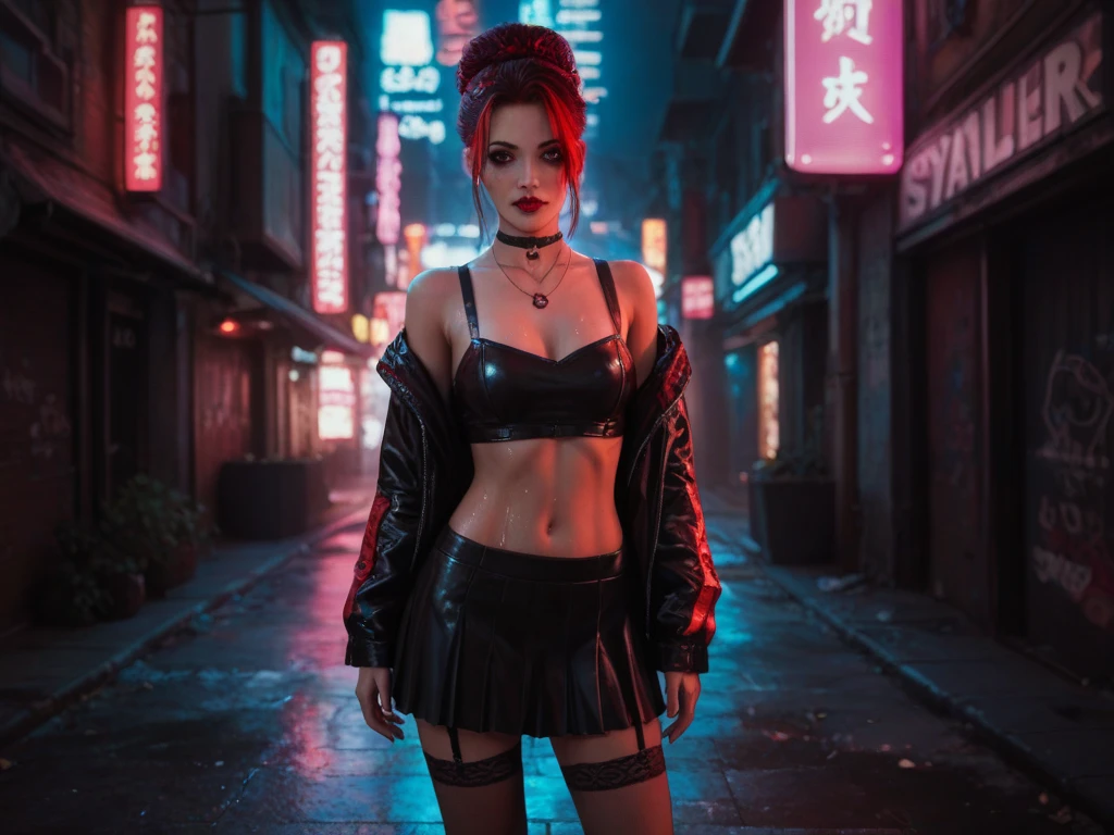8k, masterpiece, RAW photo, best quality, photorealistic, extremely detailed CG unity 8k wallpaper, Depth of field, Cinematic Light, Lens Flare, Ray tracing, (extremely beautiful face, beautiful lips, beautiful eyes), intricate detail face, ((ultra detailed skin)), ((1girl:1.6)), ((alone:1.4)), ((standing)), at night inside a warehouse, deep shadow, [Raiana-Elizabeth-Dilla], pretty girl, (very slim slender fit-muscled body:1.3), ((beautiful legs:1.4)), ((looking at viewer)),(big smile:1), (sexy ((see-through)) ((ultra-short ((red:1.1)) punk-style uniform))), ((dark scenery,nightlife,urbanlife)), (graffiti,grunge,punk), (blurred background:1.4), ((without people in the background:1.5)), beautiful earrings, bracelets, necklace, red pendant, clear eyes, ((tattoos)), (pale skin), (face forward), ((whole-body-view)), ((full-body:1.8, cinematic shot)), soft lighting, (long black hairs), (looking at viewer:1.8), cleavage breasts, large breasts, touching the breast, highly detailed, ultra realistic, extremely detailed and realistic ((red:1.1)) clothes.