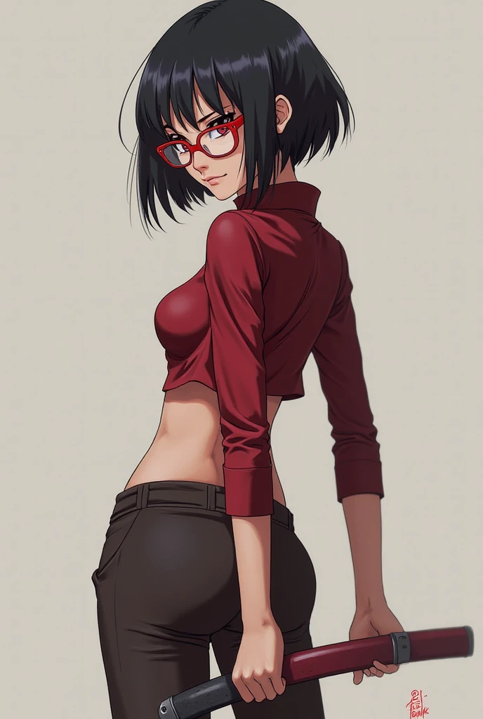 ((Sarada Uchiha)) ((boruto))Asian girl with short hair ((red blouse opening)) and glasses and a black miniskirt very short at the waist showing her panties to the side and with thick thighs and wide hips seducing and sticking out her skinny ass sexual pose (very wet) and with a seductive face