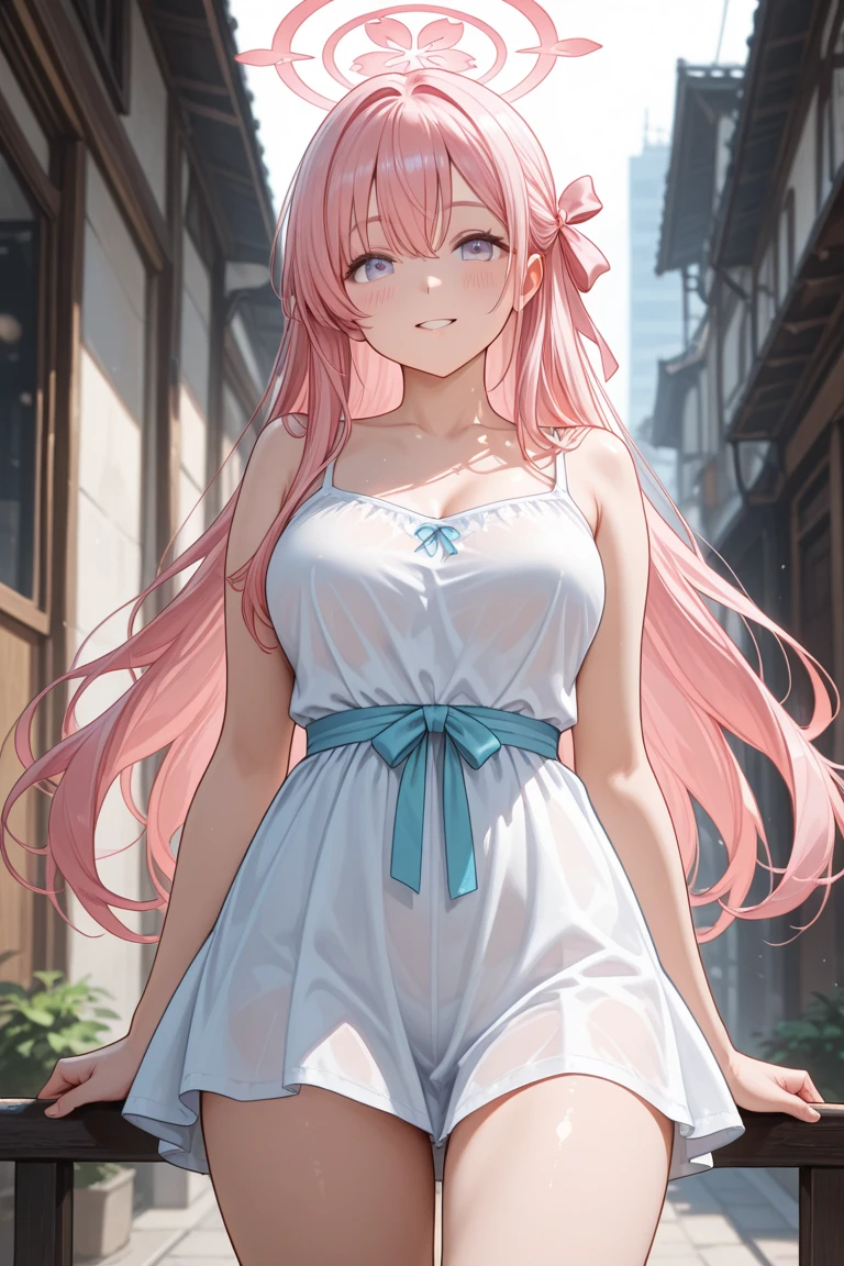 sharp focus, dynamic angle, (colored), 1girl, ((Mitsuri Karonji)), (lime green eyes: 1.4), (moles under the eyes), (hair two colors, pink, green), (on the street: 1.2), Japanese houses, ), (wide hips), large breasts, outdoor, big ass, thighs, ultra detailed, highest quality, cowboy shot, soft shadows, (extremely detailed eyes and face: 1.4), sexy, cute smile, blush, (wearing ((vaporous:1.2) (see-through:1.2) (white: 0.6) (chiffon) (crop top) grasped (wet: 1.4) skin ): 1.2)),