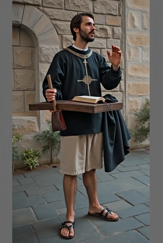 Boy with bible and cross in his hands with white clothes from the front