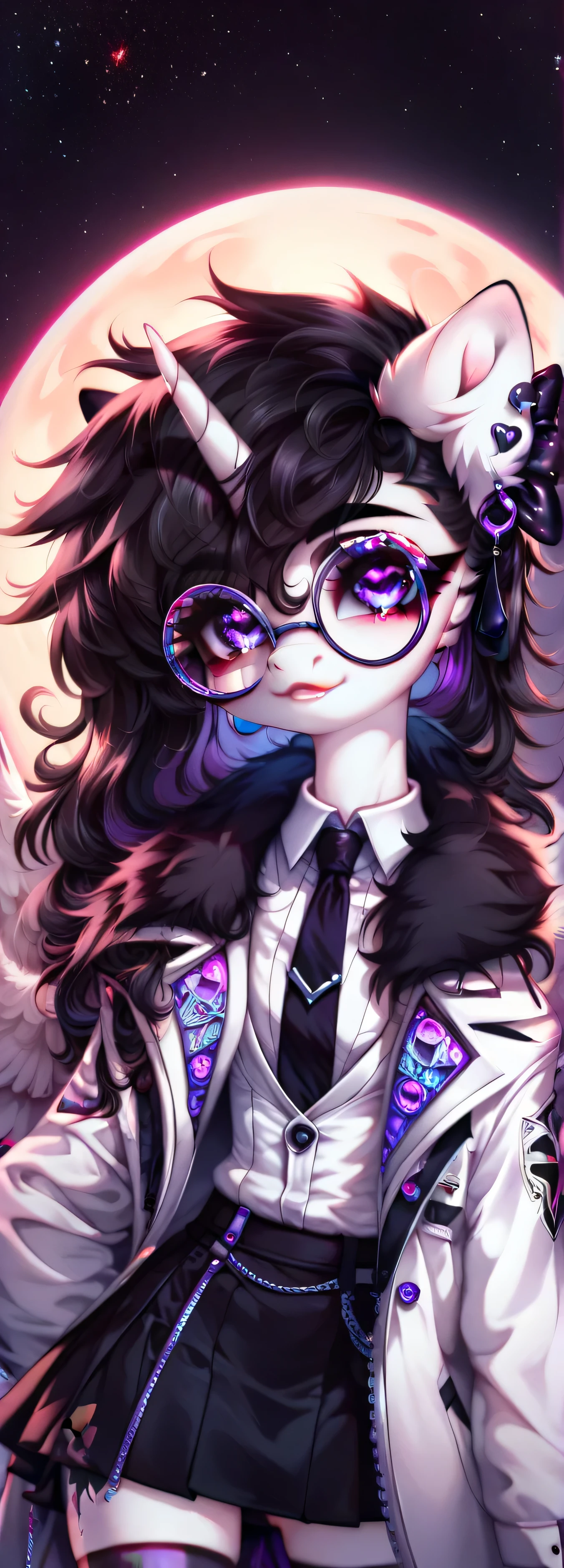 pony ,1 girl, white coat color,white face ,round face,short stature, fluffy hair, black hair shines purple, horn, hornа, wings, hair bow, black ear tips,heart earrings, round glasses, left eye pink , right eye purple , black skirt, jacket with white shirt and red butterfly, black and white striped stockings, makeup, sexy look, sweet soft face, in space , hearts,