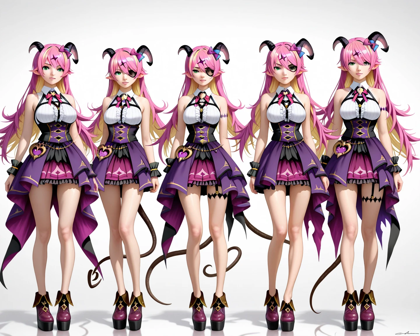 Masterpiece, best quality, 4K, HD, beautiful body, medium breasts, perfect anatomy, anatomically correct, long hair, ponytail, pink hair, top crop, mini skirt, stockings, high boots, simple background, distinct separation of body parts (head, arms, hands, torso, legs)