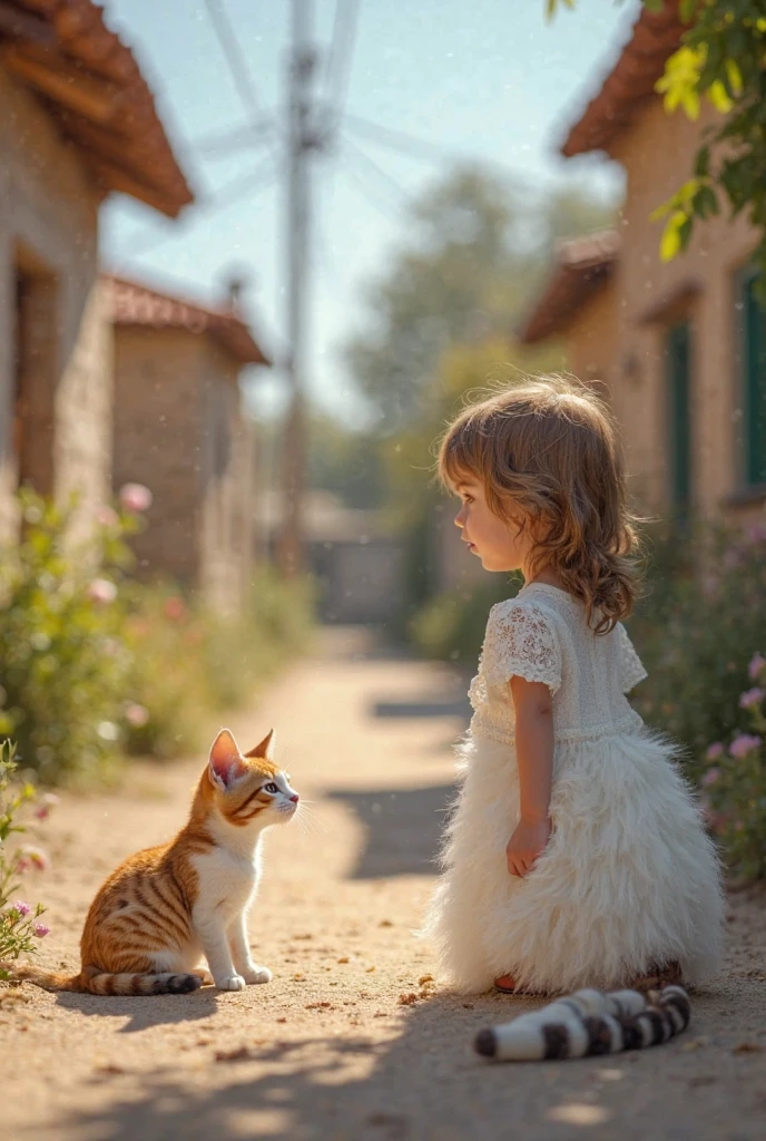 The  girl smiled at the camera, A cat follows,country road.