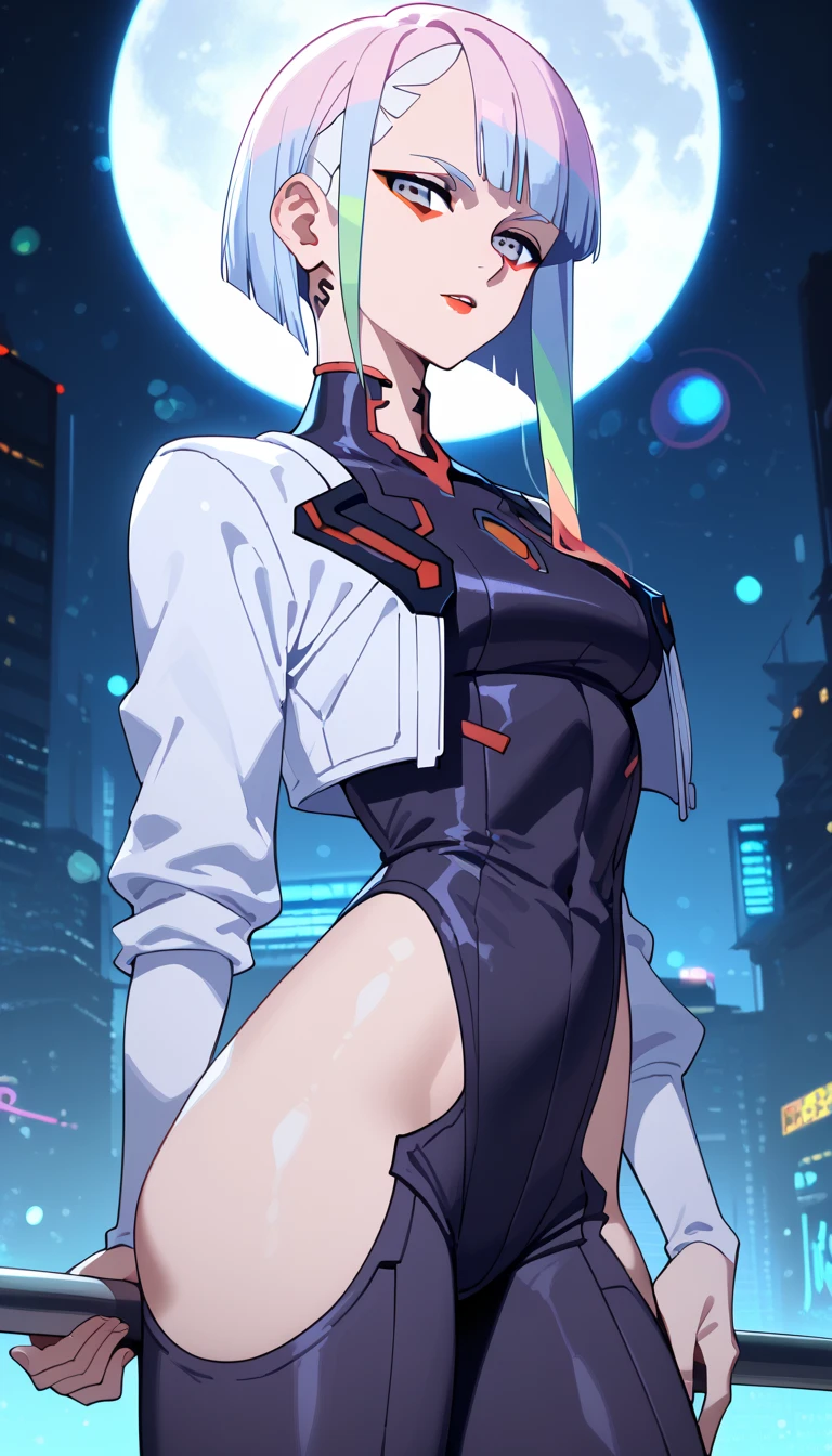 ciberpunk, outer space, That's incredible, Panoramic view, view of the moon in space, facing the viewer, bare breast, beautiful breasts, reaches forward, Standing in front of the camera, Bar Counter, lunar station, Holds out his hand, reaches for the camera, Room, Night Landscape, lunar station, space room, leans forward, Slender figure, Skinny girl, Standing at the window, Frame from above, 1girl, black stockings, leather stockings, Full-length (Body Full 1.1.), Beautiful figure, buttocks, nice feet, shapely legs, Lucy \(ciberpunk\), bare shoulders, Cyan eyes, 가슴, bathing suit, looks at the viewer, Average Breasts, Off-the-shoulder jacket, off-the-shoulder, Red Eyeliner, Short Hair Hair, high neck sleeveless swimsuit, 独奏, High-neck swimsuit, white colored hair, Very detailed. stands on the edge of the roof, gloomy composition, The Gloomy Room, gloomy atmosphere ((tmasterpiece))