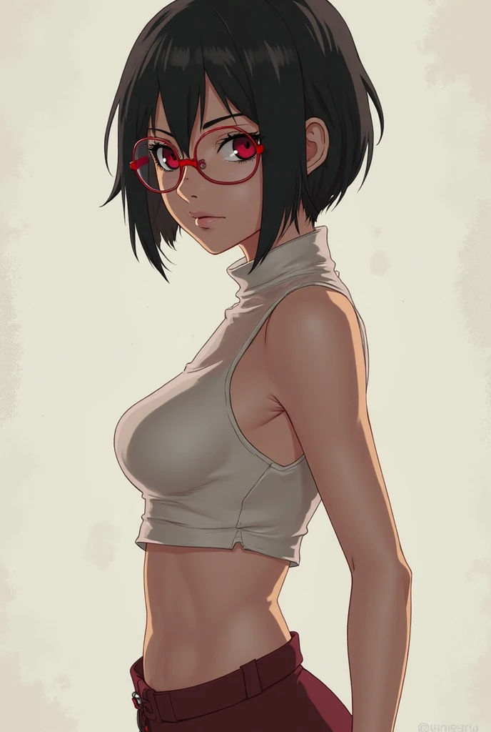(solo, 1girl, short hair, uchiha sarada, glasses, (black eyes), sarada uchiha),masterpiece, best quality, 1girl,beidoudef, moist skin, detail skin, tank top, ghibli style, (blush:1.2), (sitting:1.1), barefoot, (kawai, messy room:1.2), cowboy shot, glasses, short hair, black eyes, black hair, flowers, slim body, sweat, wet, sweat body, wet clothes, see through, on the floor, (Original, small breasts, 1girl, solo), (very detailed wallpaper) , (best quality) , (work of art) ,struggling posture, artistic dedication, very detailed illustrations, (pink lipstick) , beautiful eyes, (Delicate Face) , perfect detail, (best lighting ), (super complex details), ((Alone, Sarada Uchiha, ((black eyes, pink lipstick, small breasts)), (wearing glasses, short hair, serious facial expression), confident))