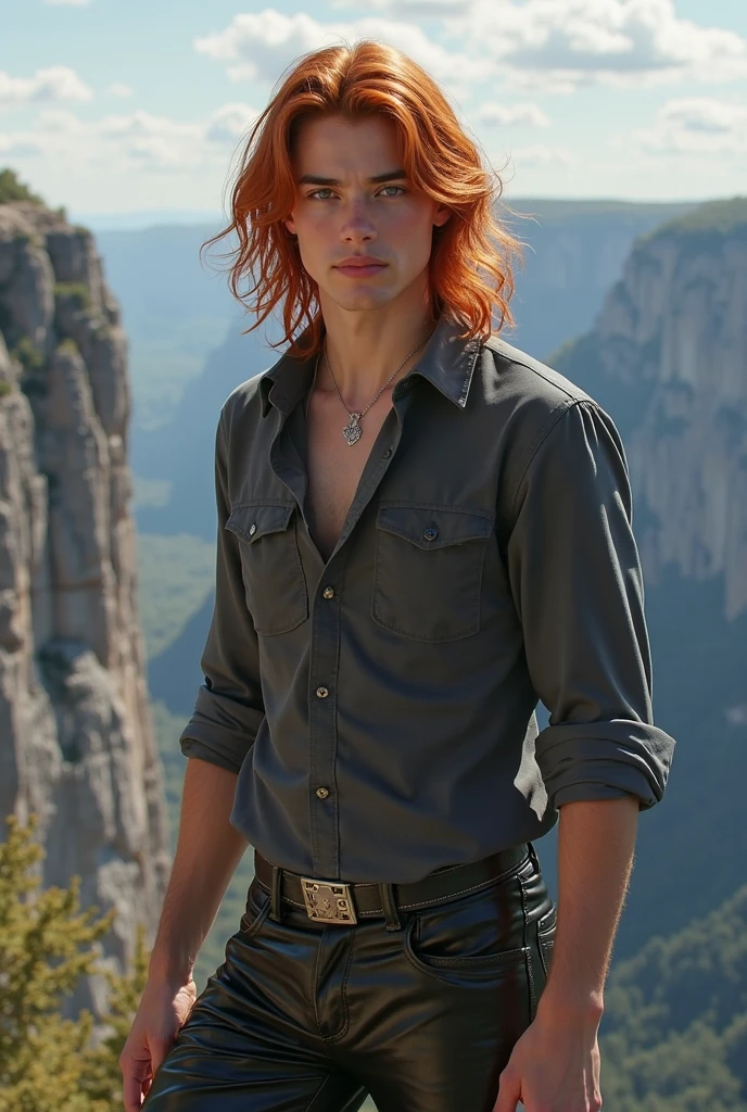 Make a young Germanic man with dark red hair and black hair, His name is Yuu Leir and he is ., He has 1,82 tall, He's a tall man, her hair is long and reaches her back, His face is a little effeminate but his body is thin but strong., he is smiling slightly calmly in a cloudy field without rain, photo realistic image