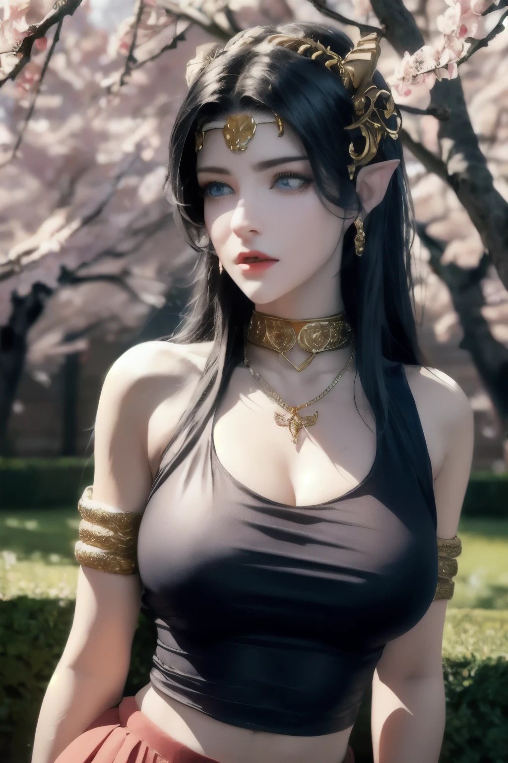 One 20 year old girl, breast 1.1, navel,upper body,bare shoulders,wears red tube top,red skirt, blue gems,shiny skin,hand in own hair,(mature female),milf,cai lin, deep blue eyes, jet black long hair, 8k resolution high quality,background: around the garden surrounded by Sakura trees with fluttering sakura petals, from head to thighs, hourglass figure, bare round shoulders, exposed midriff, a tilak on her forehead,ornamental logo on her forehead, snake crown, necklace, earings with blue gem, long black hair bangs, pointy ears,golden bracelet,Bright lightening under the sun through sakura canopy. High quality 16k resolution,( HDR :1.5), cinematic look, ultra-detailed,ultra lightening, (photorealistic :1.2), long thin straight eyelashes, dense black eyelashes,sharp eyes, diamond shaped head, straight nose, closed heart shaped lips, lean in pose, front view pose