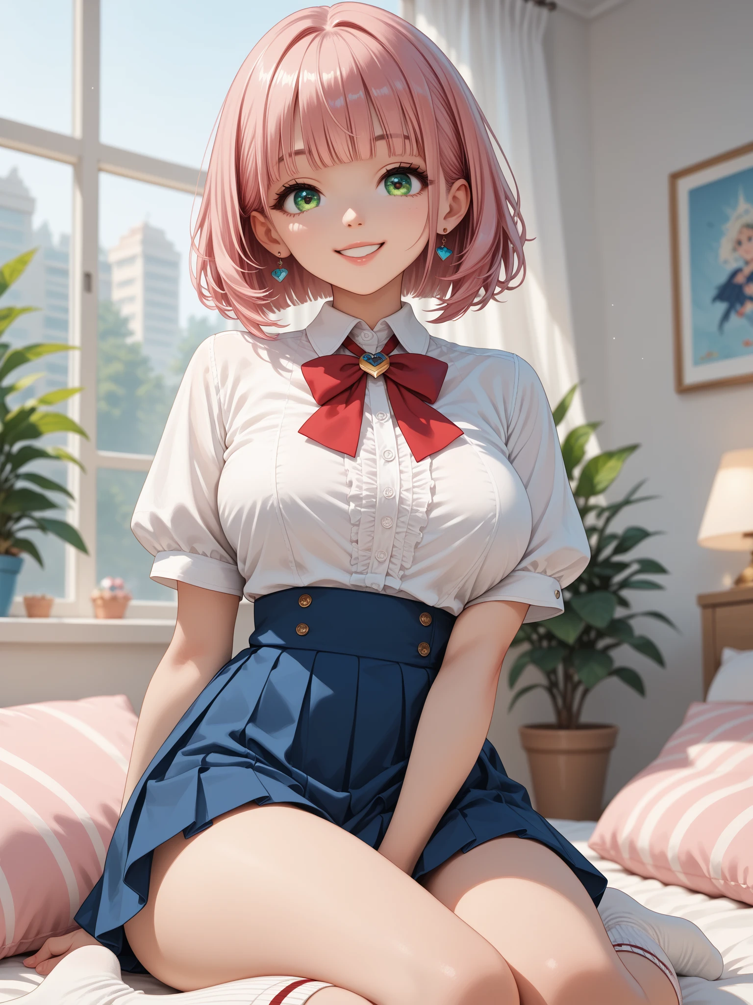 ((best quality)), ((masterpiece)), (detailed), perfect face, white short hair, white cat ears, green eyes, uses a white skirt, 18 year-old girl, white cat tail, pastel pink blouse, white tight stockings, seductive, having sex