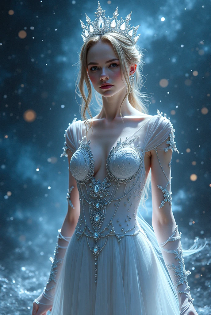 (top quality, 4K), Charming witch woman, Public Dress Code,Showing off the exquisitely designed princess dresses, Stately decorated with blue hues, Ultra-detailed description shows every detail, The tulle fabric is elegant and flowing, Brocade or velvet texture with sparkles, The exquisite headdress highlights her noble temperament, Blue gemstones and delicate silk thread decoration, Expressive and asymmetrical facial features, Clearly show fabric folds, A bright halo surrounds her, The moonlight flickered on her skirt, The incandescent atmosphere evokes the eternal, Ethereal charm.