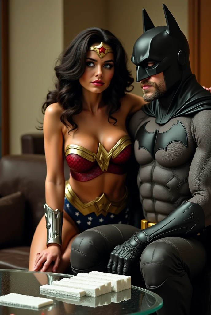 Naked woman having sex with batman.