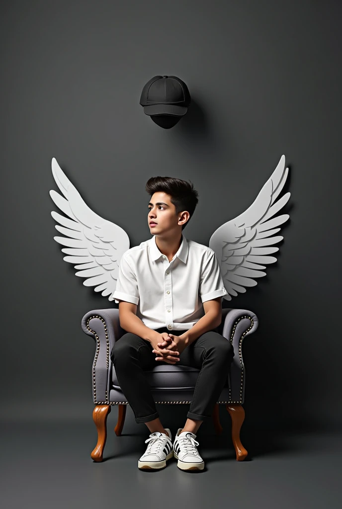 Create realistic image a 20 year old boy is sitting on a full golden king chair with white wings and behim him the colour of the wall is gray on which" SANTHOSH " Written in curve style sitting like a king