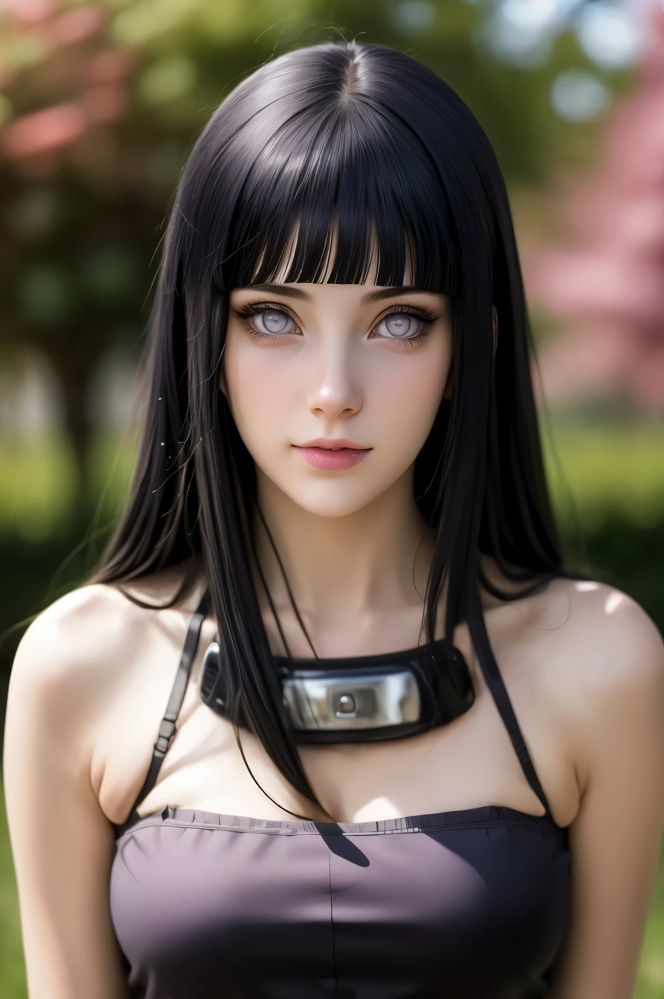 masterpiece, cinematic look, breast :1.1, HDR : 1.2, ultra lightening, ultra detailed, high quality 8k resolution, background: in garden of purple petal trees, highly detailed image, light hearted smirk, navel,body image from head to thighs, HinataNS, Hinata hyuga, from anime Naruto,midriff, hair bangs, long hair,hourglass figure, realistic,
created a masterpiece, with a design similar to a realistic version of the character in the anime Naruto Shippuden (Hinata Hyuga), character details,She has a delicate appearance and gentle expressions,pearl coloured pupils,shiny skin,clothes: she wears lavender coloured small tube top with deep neckline, mini skirt, midriff,revealing cleavage,pose : standing with hand in hair pose, looking at viewer