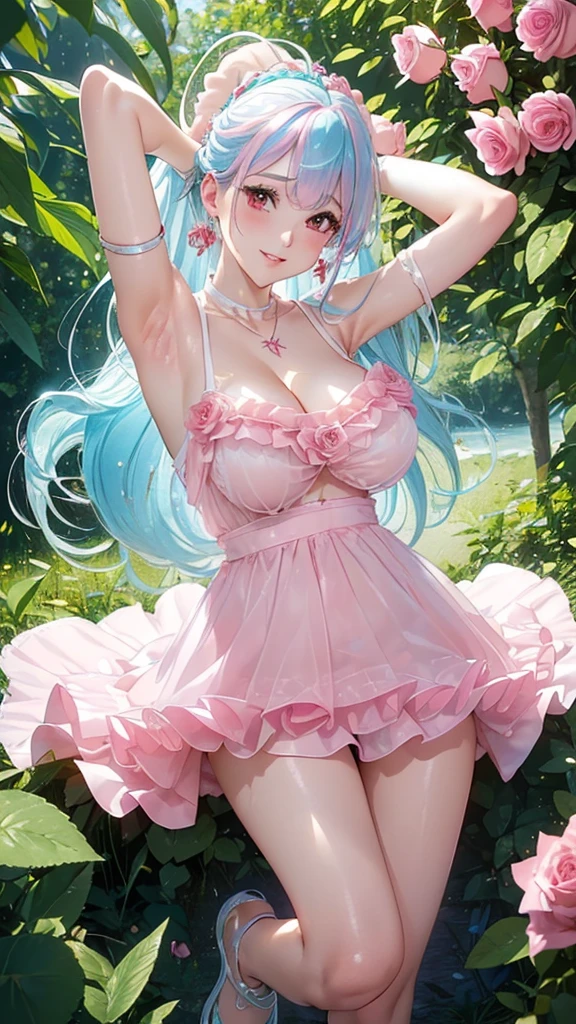 ((Moe anime art style:1.2)), (((masterpiece))), (((best quality))), ((ultra detailed)), (illustration), ((an extremely delicate and beautiful)), ((super detailed skin)), (((8K))), BREAK (((solo girl, A young-looking princess))), (18 years old), ((full body)), ((from front)), (on side in the meadow, lying down surrounded by flowers), BREAK (((Dark pink satin material))), ((Dense lace, Long train, Lots of frills)), (((Full-length crinoline hoop skirt, Beautiful and luxurious Rococo Victorian ball gown dress))), BREAK (((gigantic breasts))), ((cleavage cutout)), Sweat on the chest, BREAK (((Super delicate and beautiful face))), ((Beautiful Lips, Delicate beautiful eyes)), ((embarrassed))), BREAK bangs, (((Pink Hair, Fluffy ponytail, Curly Hair, Expressive hair, very voluminous long hair))), Beautiful silver and jeweled hair ornaments, BREAK (((nature))), (in forest), ((so many colorful flowers)), ((Flowing petals)), Particles of light pouring down, (light sparkles:1.5), (light leaks:1.5),