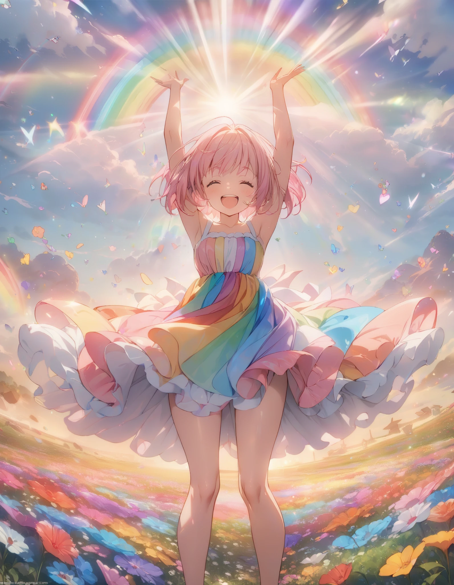 ((masterpiece, best quality, extremely detailed, absurdres)),fantasic illustrations,dynamic lighting,colorful flower fields,1girl,solo,standing,facing at viewer,center,(fairy girl),pink short hair,big smile,closed eyes,wide open mouth,shiny colorful rainbow-color dress,airly dress,open legs,arms up,banzai,