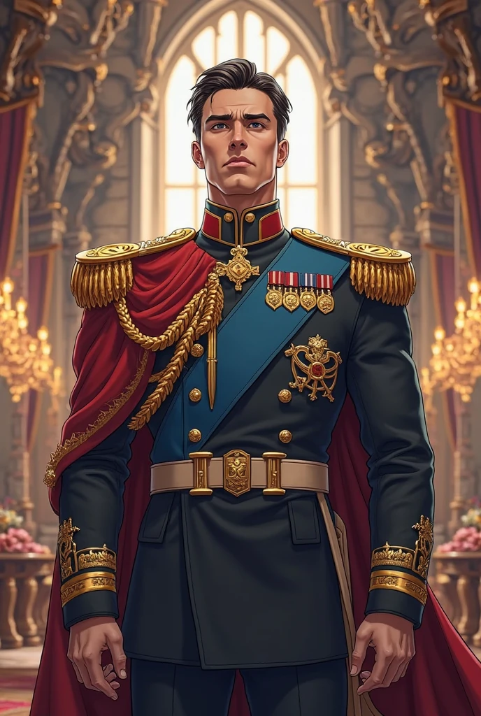 Leyendecker style illustration; Portrait digital painting, (Young man with light brown curly hair in military uniform:1.3), Symmetrical composition, (Calm confident expression:1.2), (Brown eyes looking slightly left:1.2), Olive green jacket with red and gold accents, (Red and green epaulettes:1.3), Golden buttons, Insignia with colored embroidery on left side, Red bird in flight brooch, Richly embroidered gold sash from right shoulder to left hip, Complex golden patterns on black sash, (Historic palace interior:1.2), Decorative arches and columns, Warm atmospheric lighting, Red bird emblem on blurry banner in background.